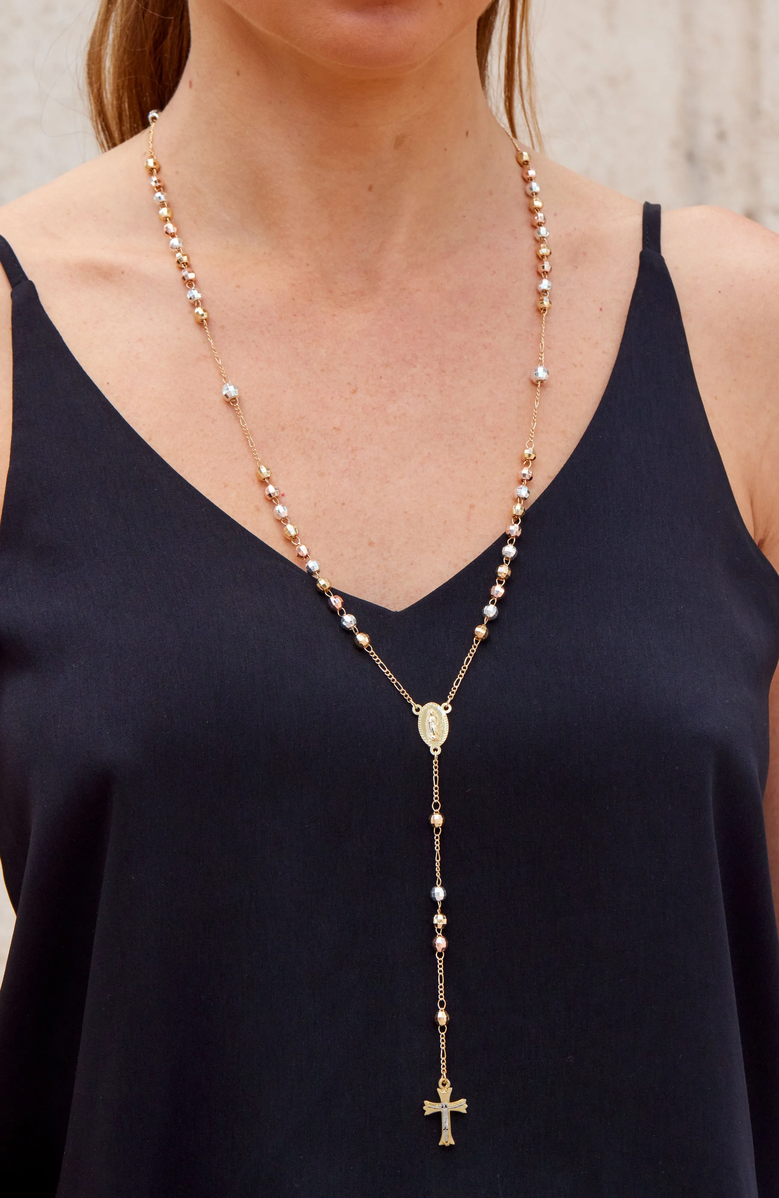 18K TRICOLOR GOLD PLATED DIAMOND CUT ROSARY