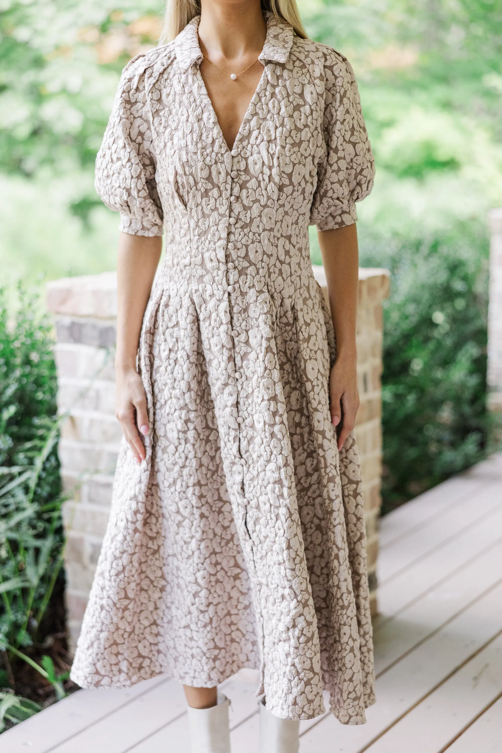 All Going To Plan Taupe Floral Brocade Midi Dress