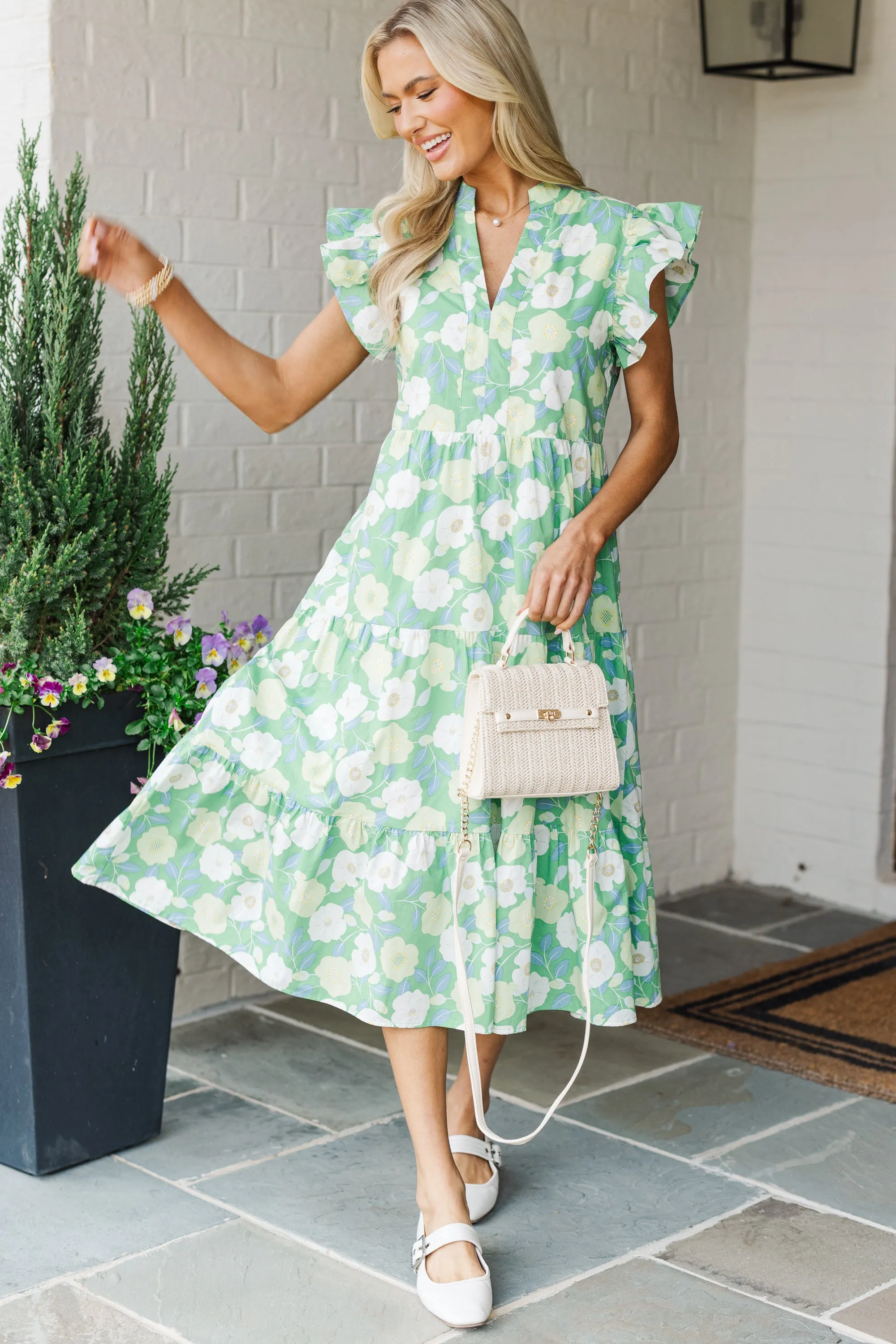 Bright Days Ahead Green White Combo Floral Midi Dress