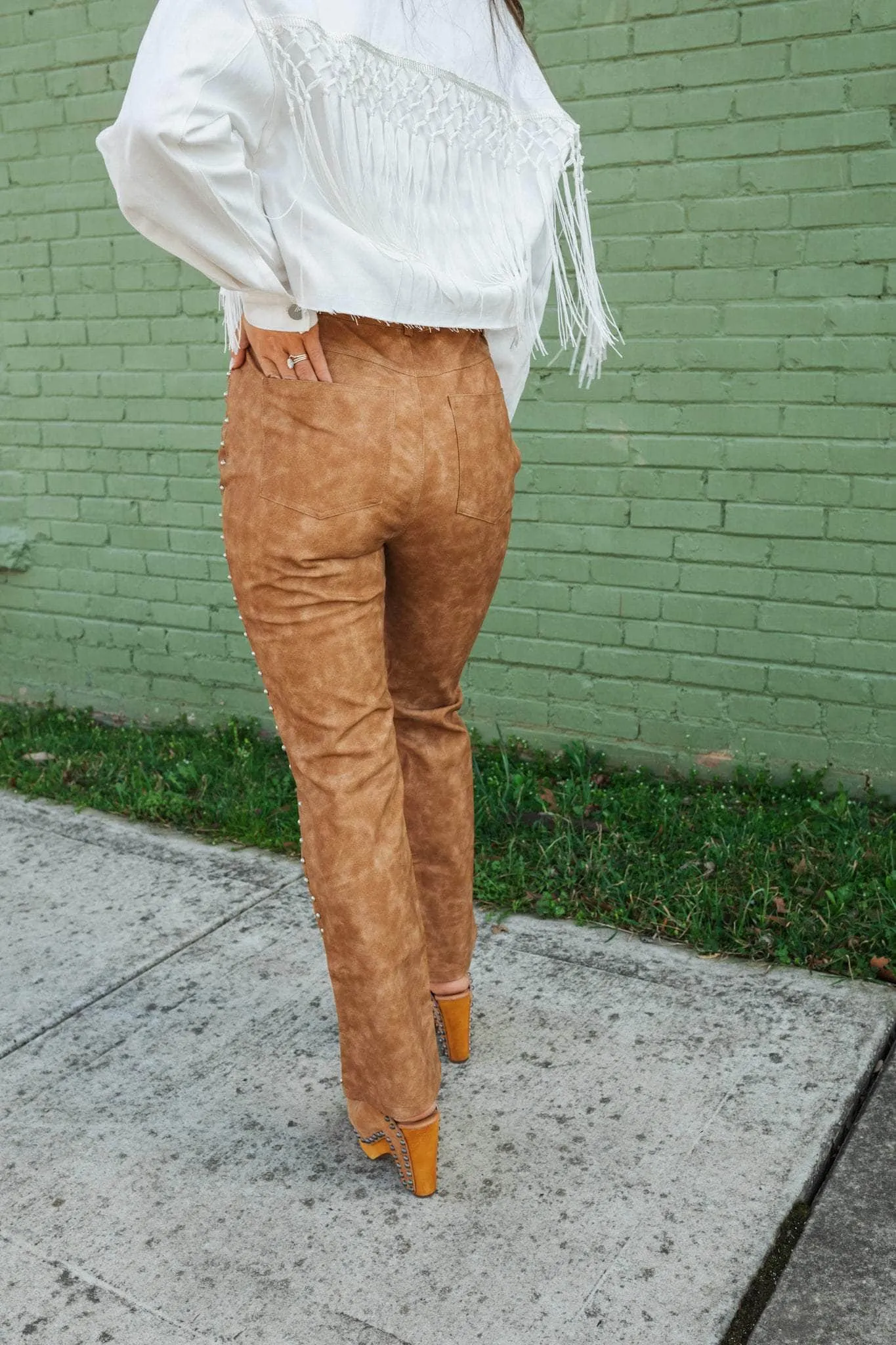 Camel Studded Leather Pants