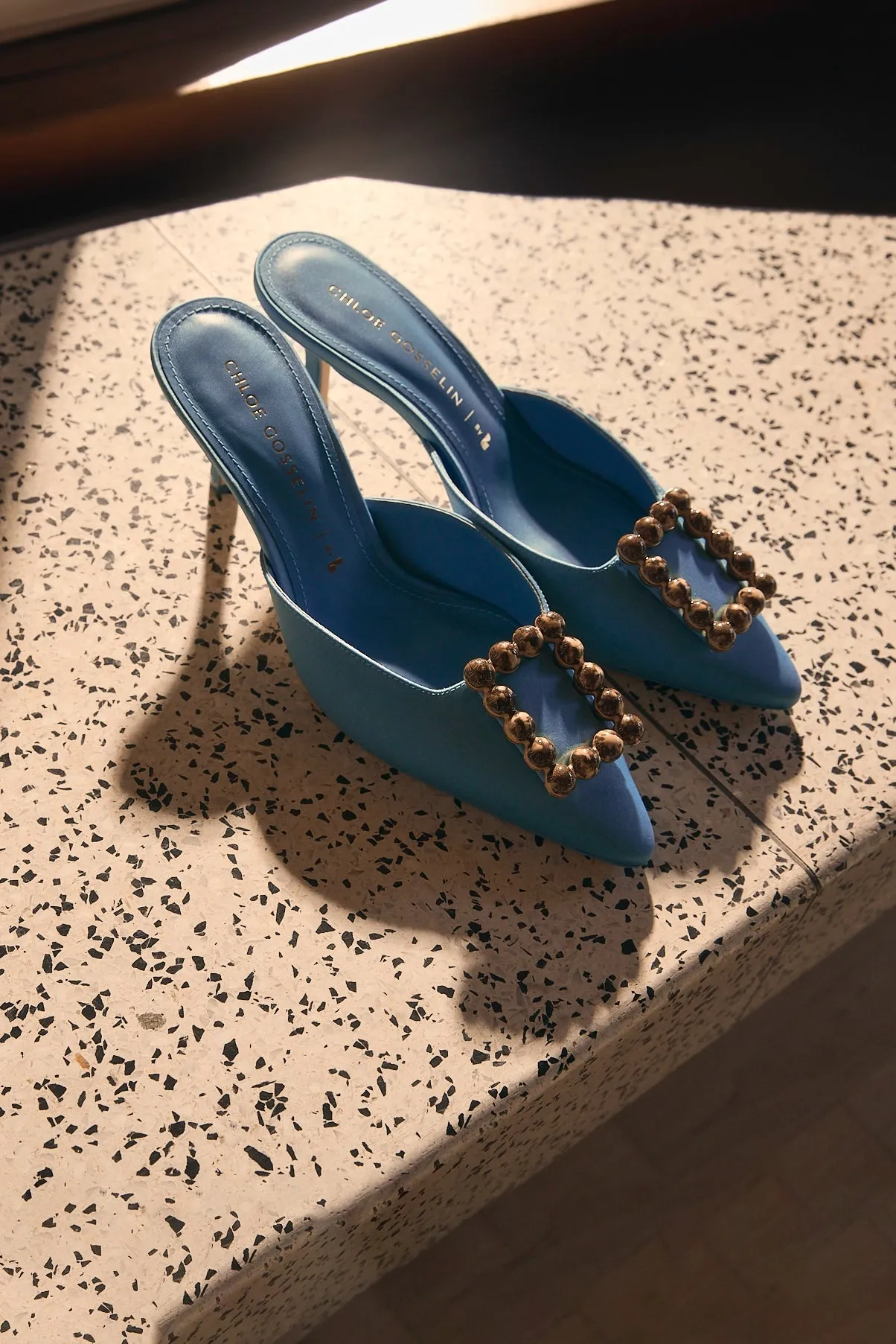 Chloe Gosselin by Larroud Ava Mule In Blue Satin