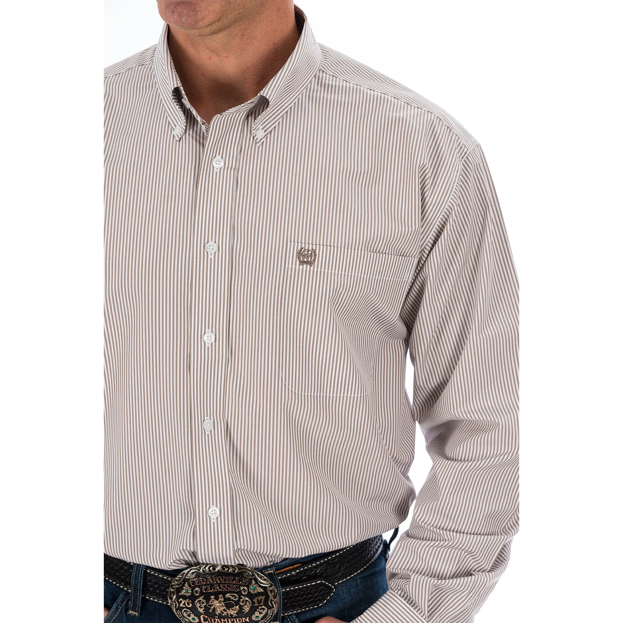 Cinch Men's Khaki & White Stripe Long Sleeve