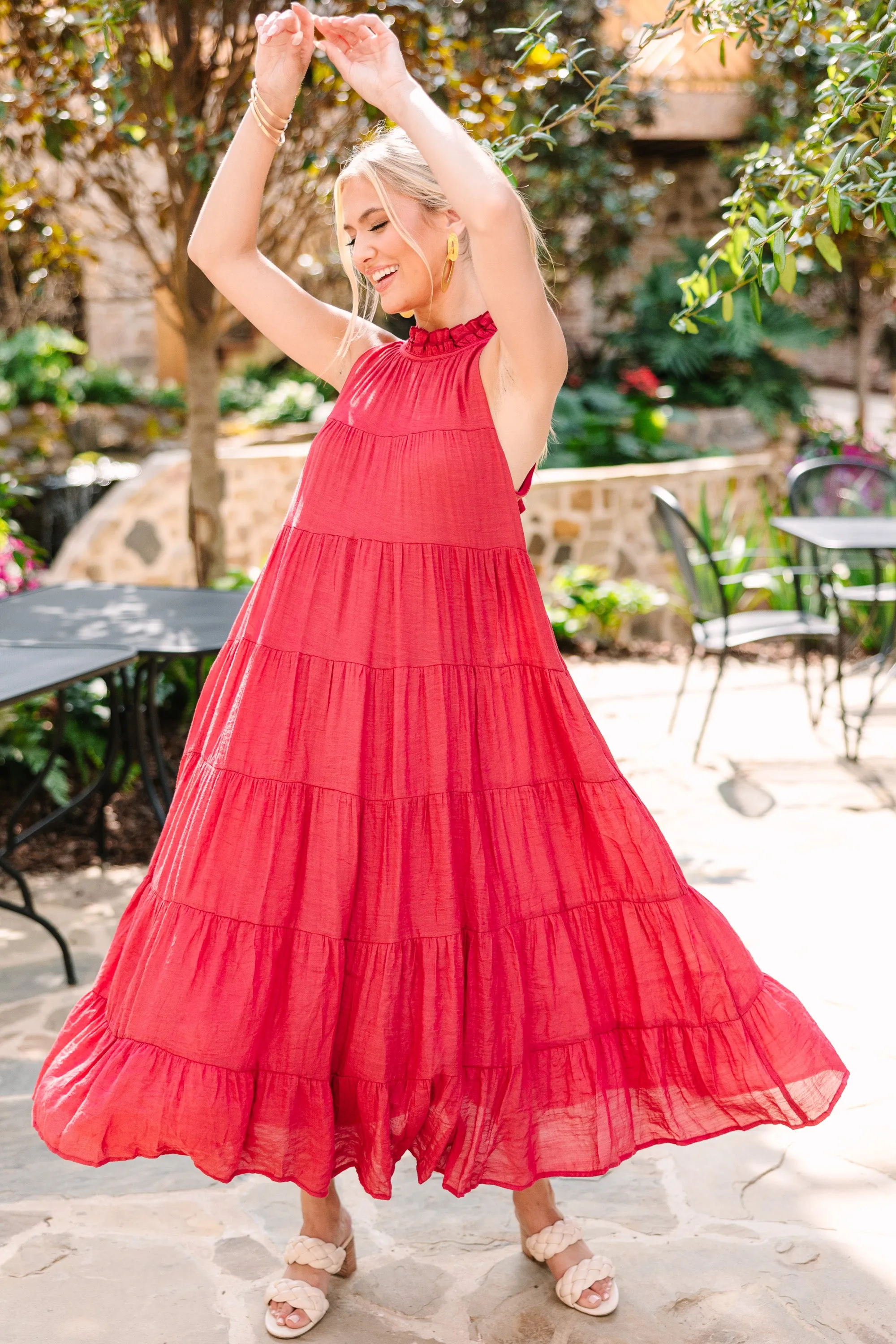 Come To Me Ruby Red Tiered Midi Dress