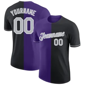 Custom Black Gray-Purple Split Fashion Performance T-Shirt