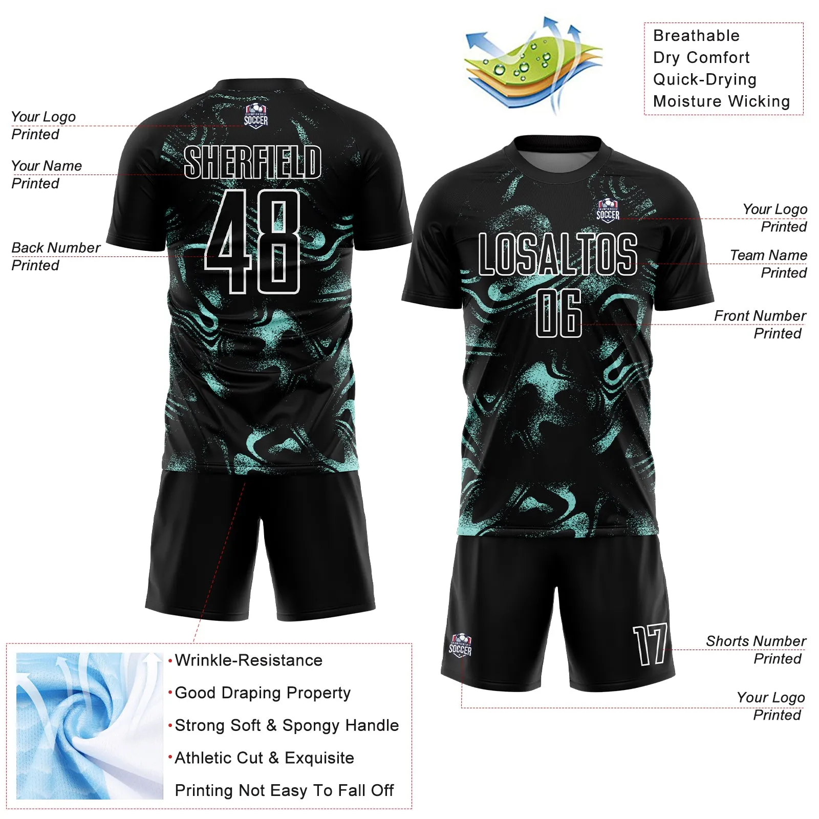 Custom Black Ice Blue-White Abstract Liquid Sublimation Soccer Uniform Jersey
