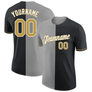 Custom Black Old Gold-Gray Split Fashion Performance T-Shirt