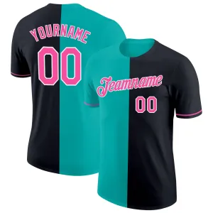 Custom Black Pink-Aqua Split Fashion Performance T-Shirt