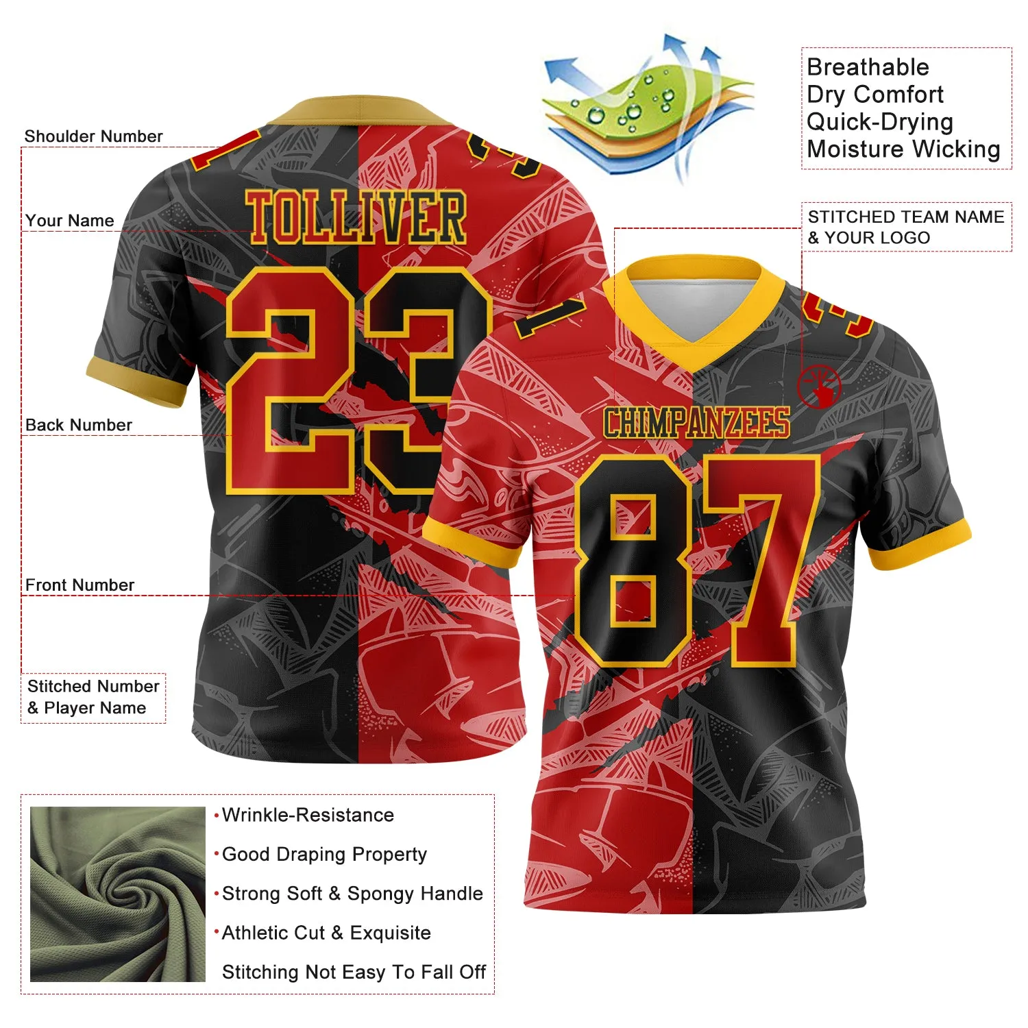 Custom Black Red-Gold Mesh Authentic Gradient Fashion Scratch Football Jersey