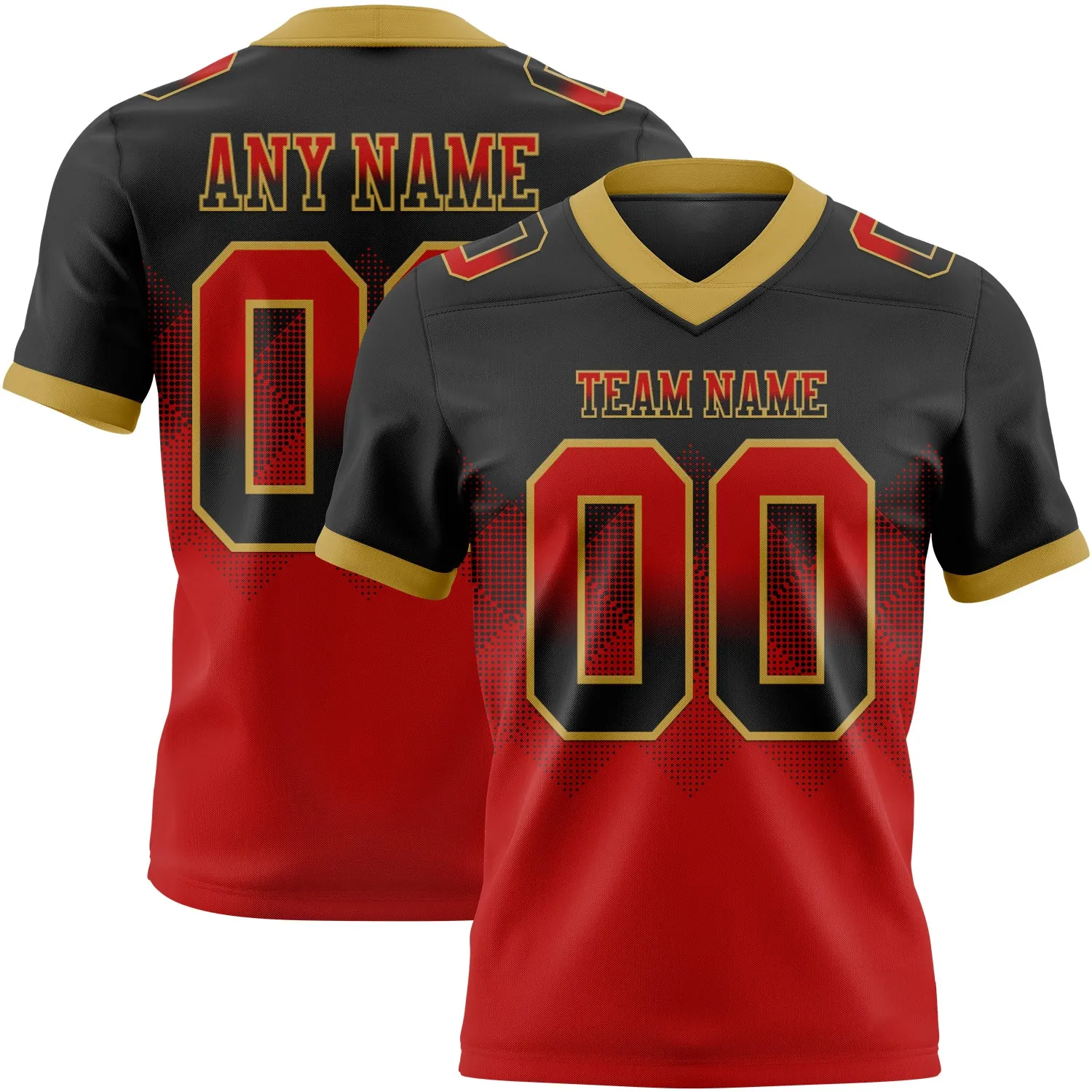 Custom Black Red-Old Gold Mesh Authentic Gradient Square Shape Flag Football Jersey
