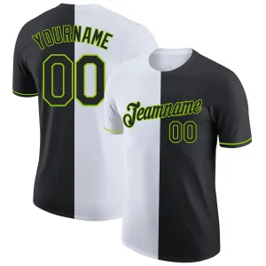 Custom Black White-Neon Green Split Fashion Performance T-Shirt