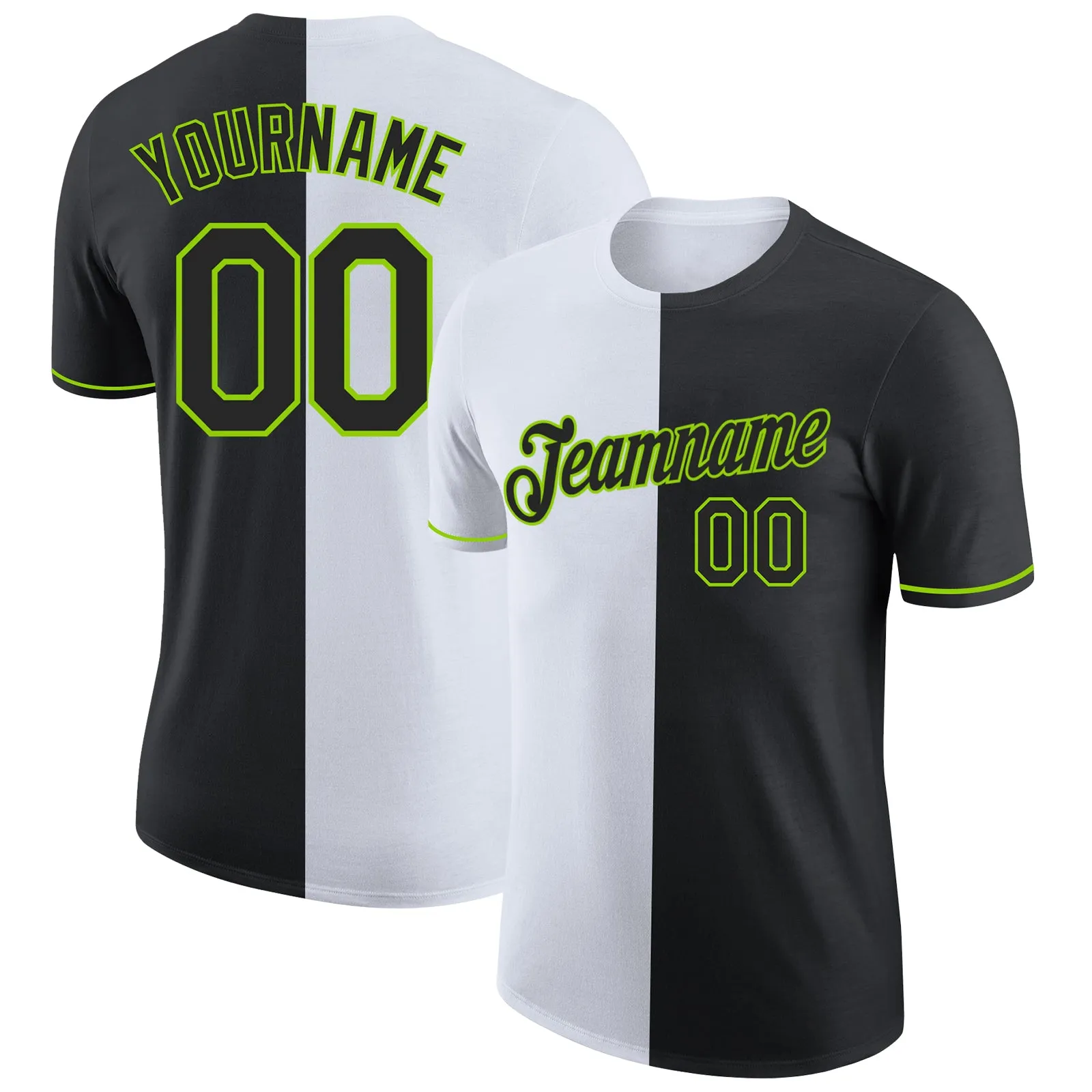 Custom Black White-Neon Green Split Fashion Performance T-Shirt