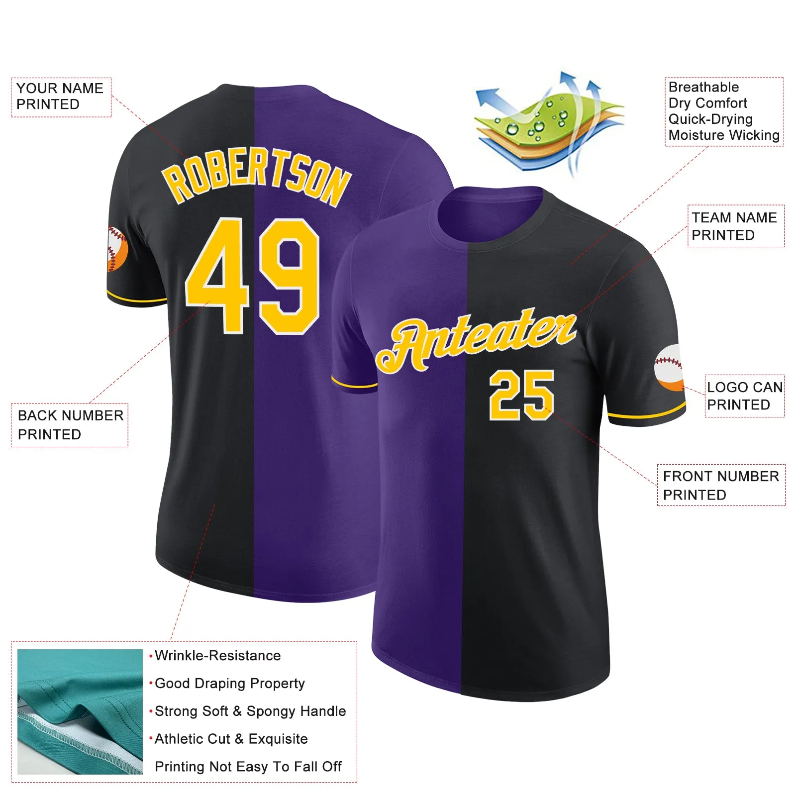 Custom Black Yellow-Purple Split Fashion Performance T-Shirt