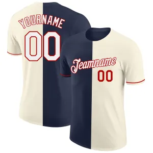 Custom Cream White Navy-Red Split Fashion Performance T-Shirt