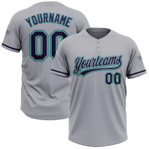 Custom Gray Navy-Teal Two-Button Unisex Softball Jersey