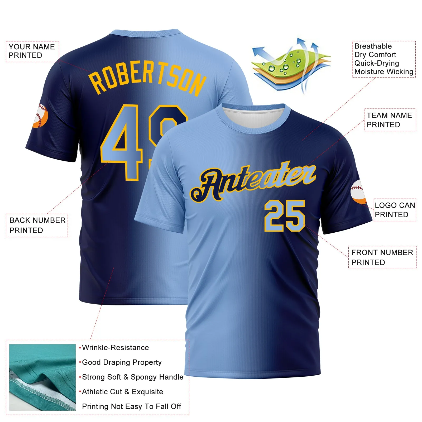 Custom Navy Light Blue-Gold Gradient Fashion Performance T-Shirt