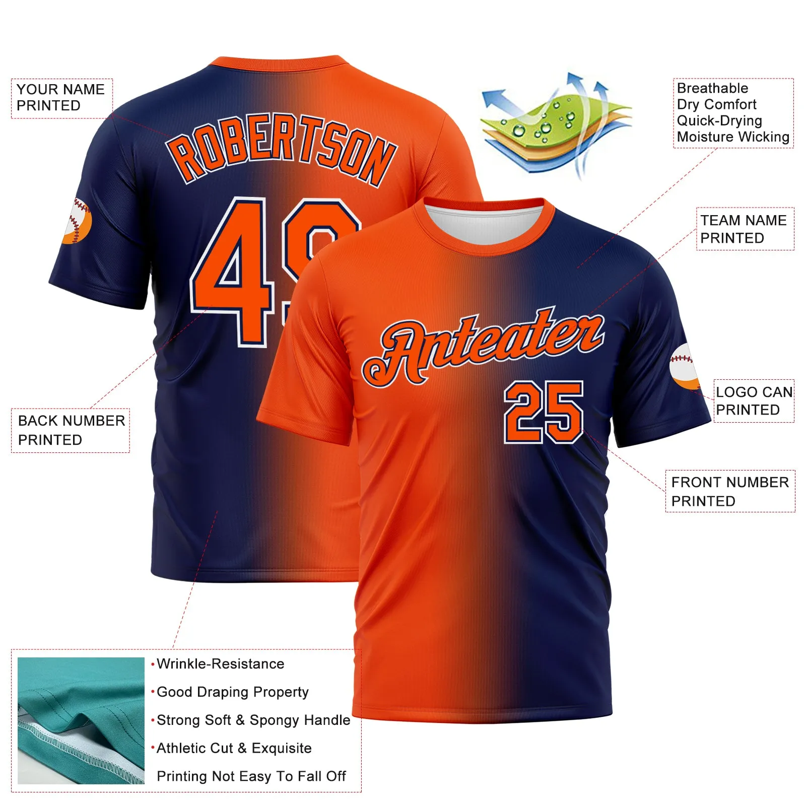 Custom Navy Orange-White Gradient Fashion Performance T-Shirt