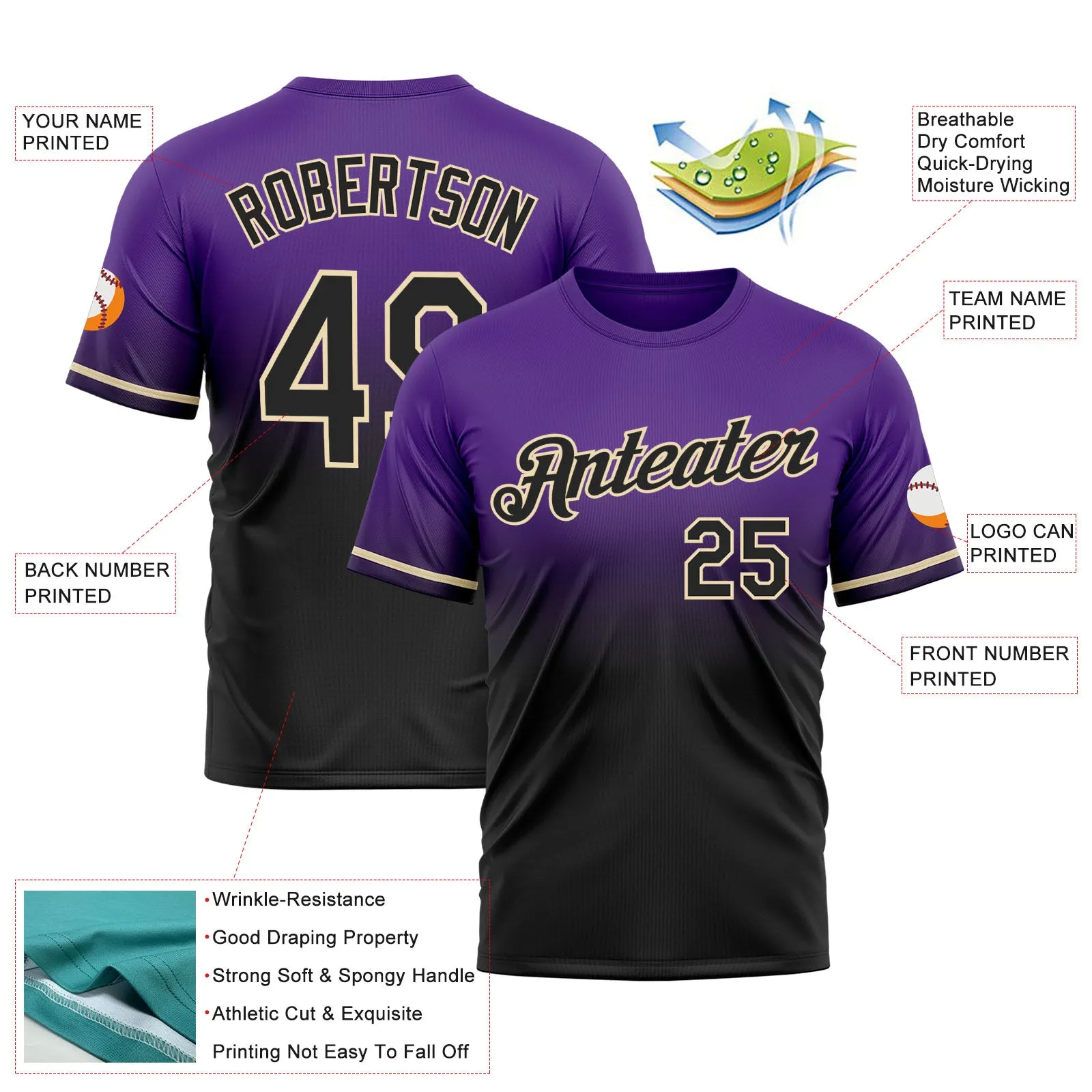 Custom Purple Black-Cream Fade Fashion Performance T-Shirt