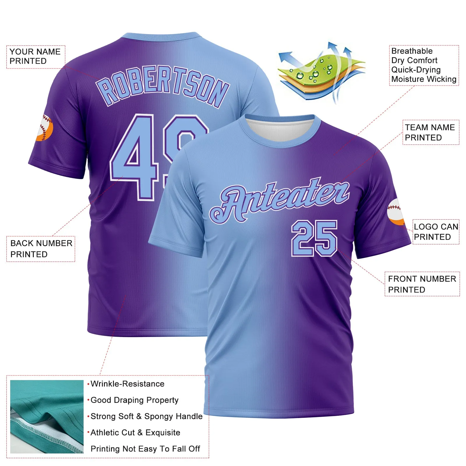 Custom Purple Light Blue-White Gradient Fashion Performance T-Shirt
