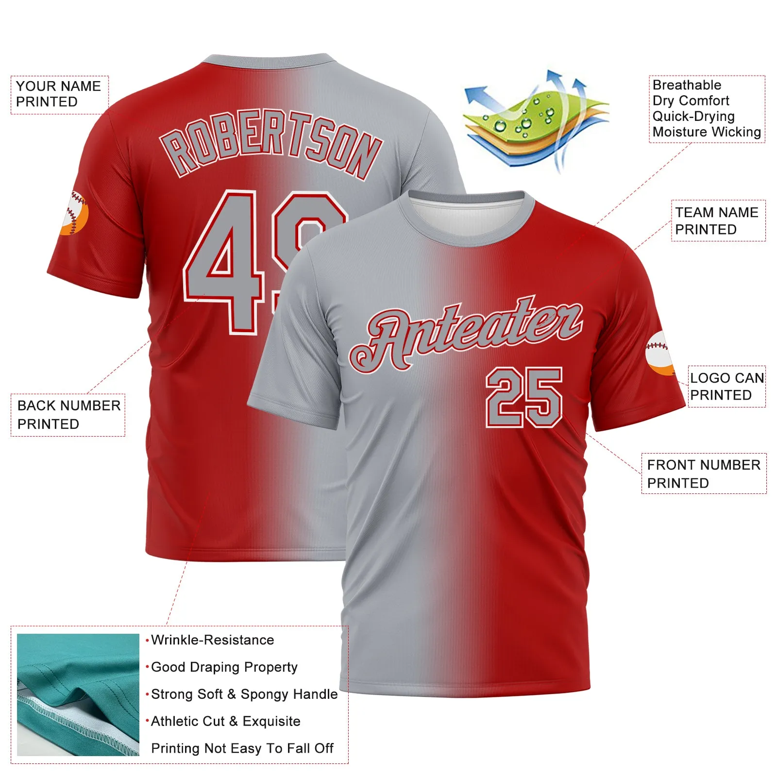 Custom Red Gray-White Gradient Fashion Performance T-Shirt