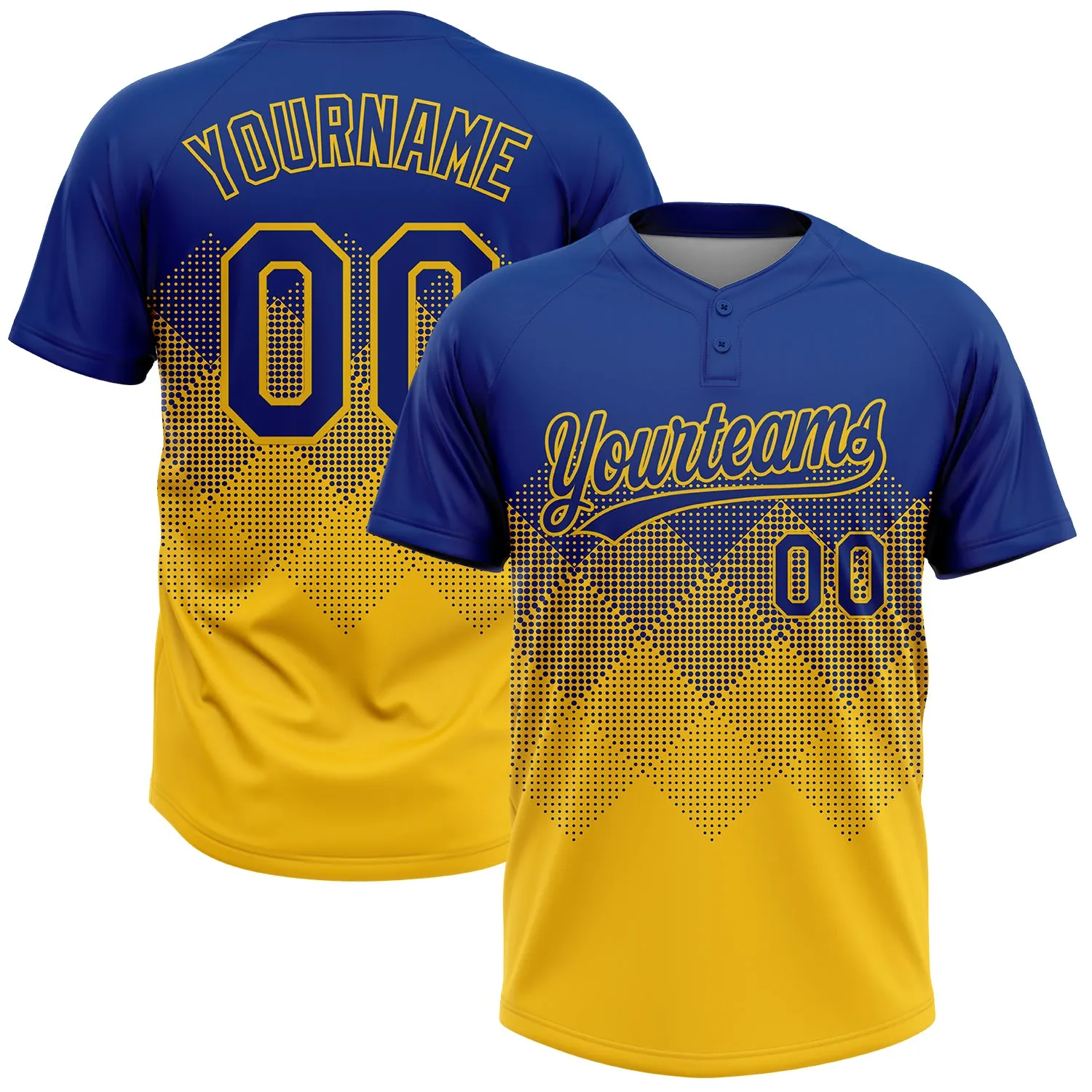 Custom Royal Yellow 3D Gradient Square Shape Two-Button Unisex Softball Jersey