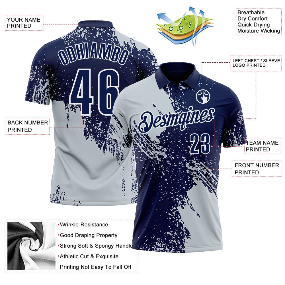 Custom Silver Navy-White 3D Pattern Design Abstract Brush Stroke Performance Polo Shirt