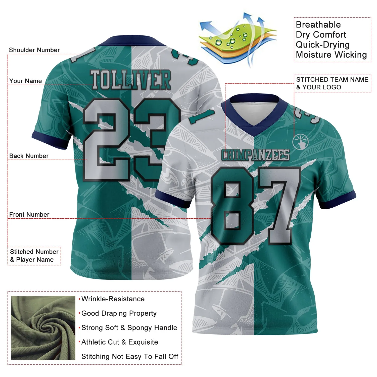 Custom Teal Gray-Navy Mesh Authentic Gradient Fashion Scratch Football Jersey