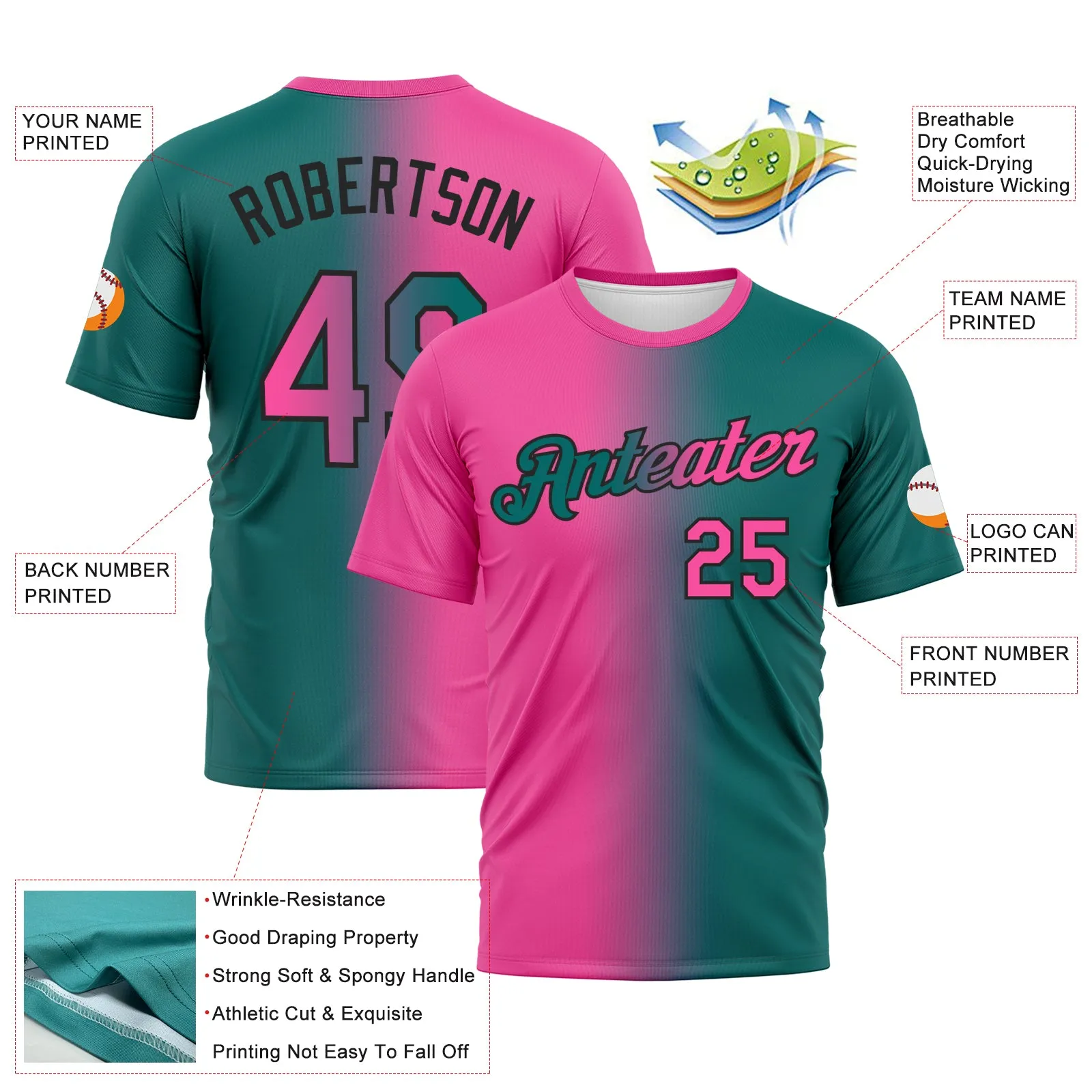 Custom Teal Pink-Black Gradient Fashion Performance T-Shirt