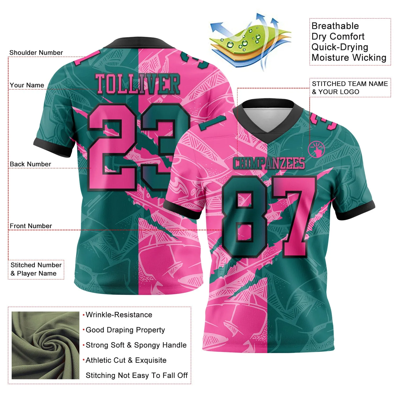 Custom Teal Pink-Black Mesh Authentic Gradient Fashion Scratch Football Jersey