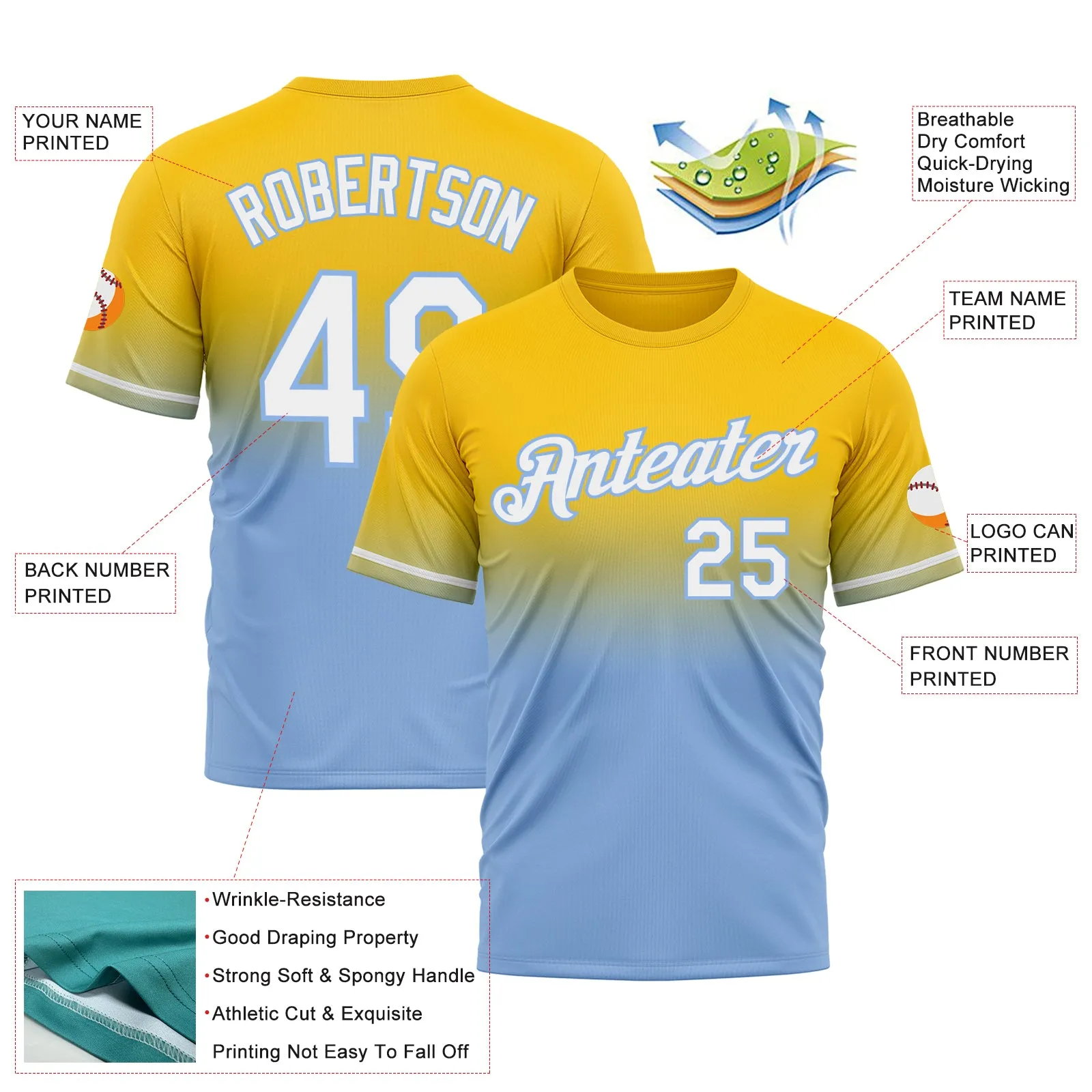 Custom Yellow White-Light Blue Fade Fashion Performance T-Shirt