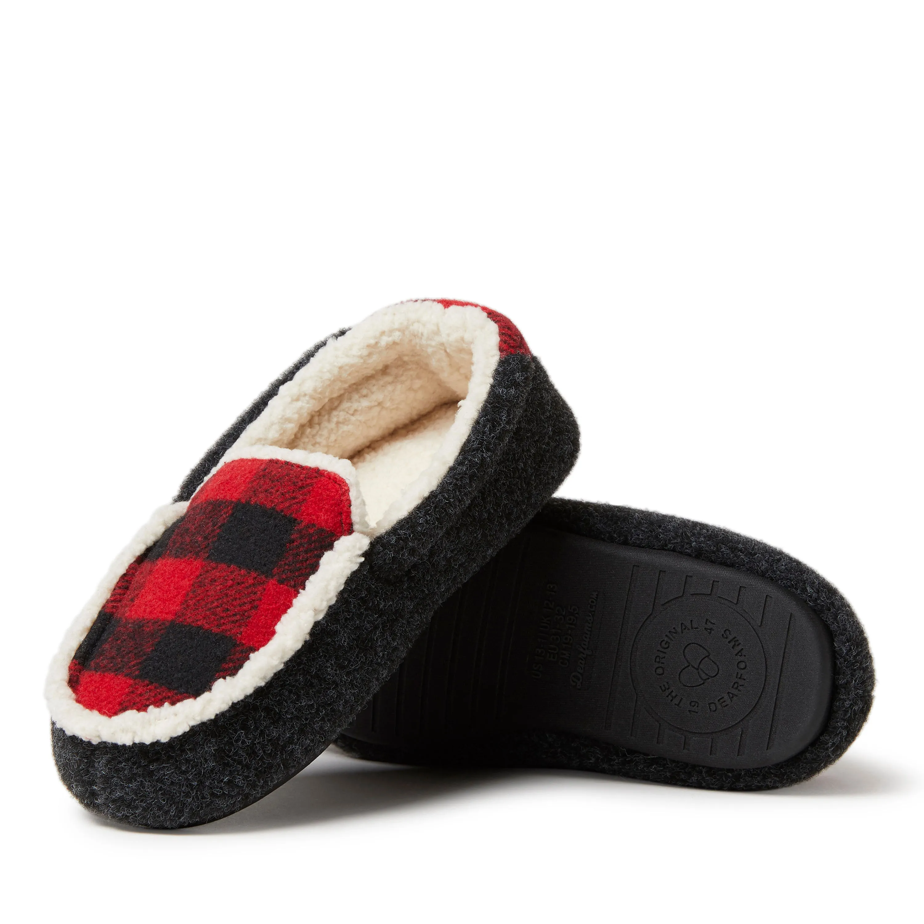 Dearfoams Kid's Unisex Hunter Felted Microwool and Plaid Moccasin Slipper