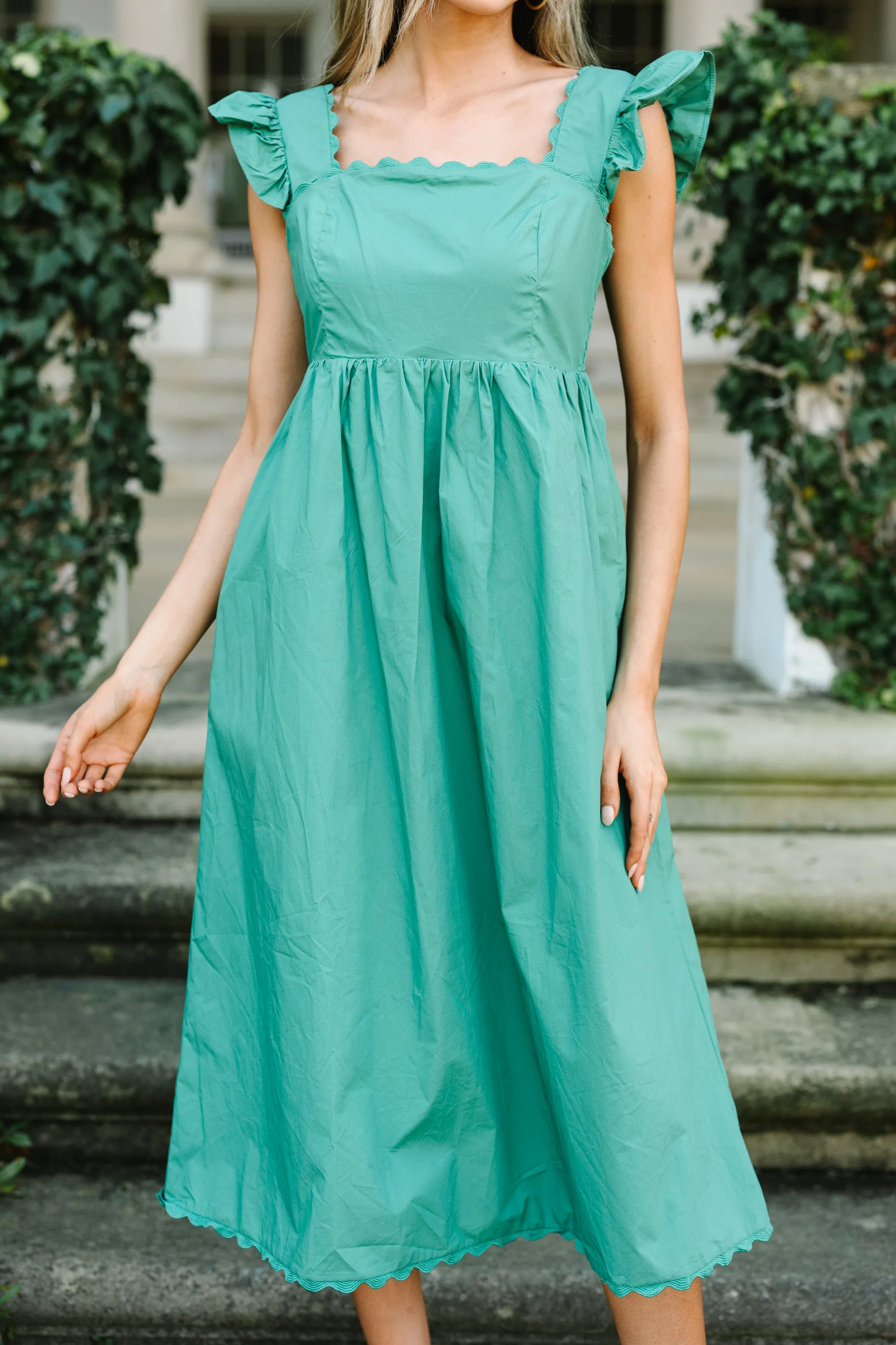 Doing It All Green Ruffled Midi Dress