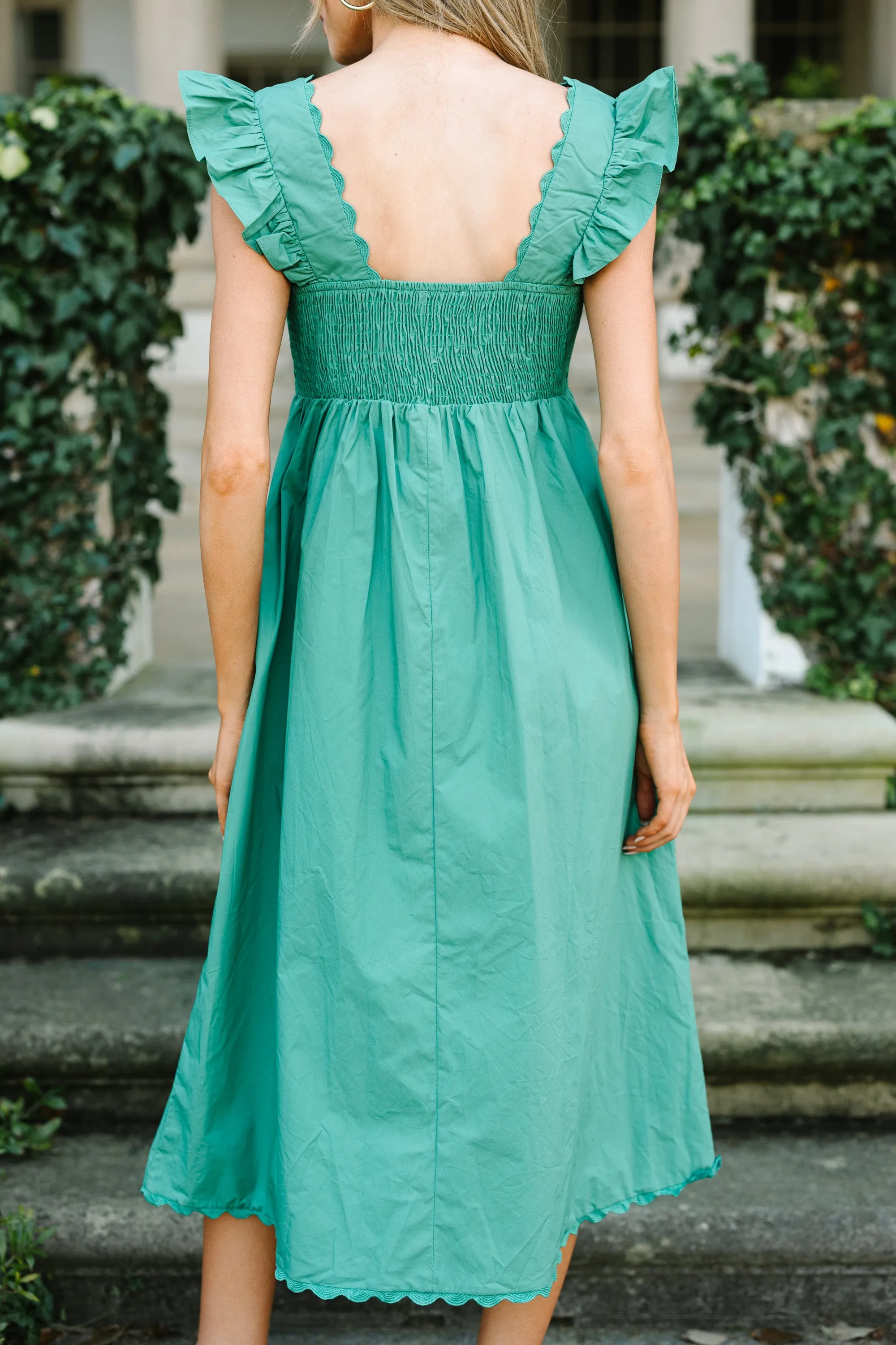 Doing It All Green Ruffled Midi Dress