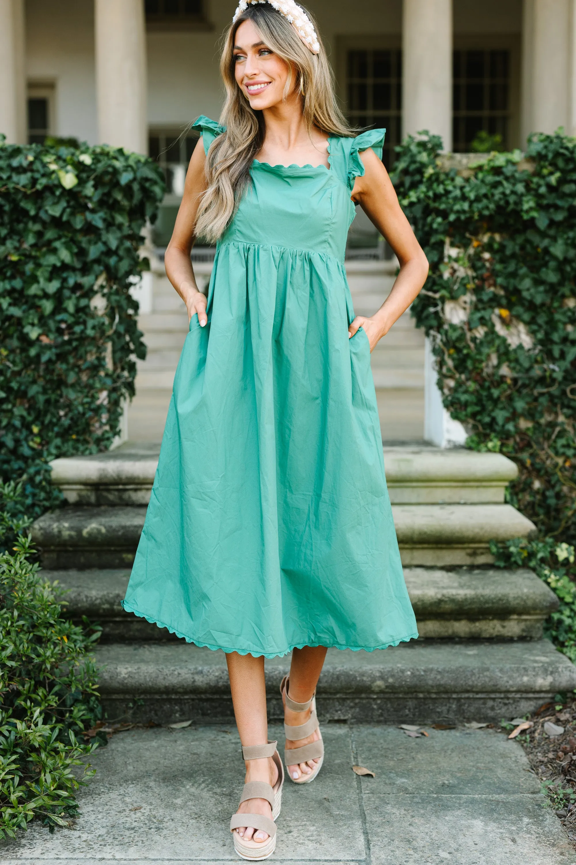 Doing It All Green Ruffled Midi Dress