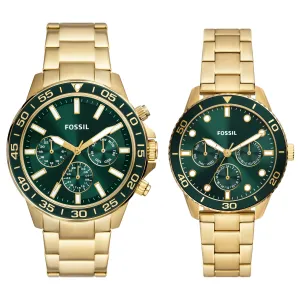 Fossil Unisex His and Hers Multifunction, Gold-Tone Stainless Steel Watch Set