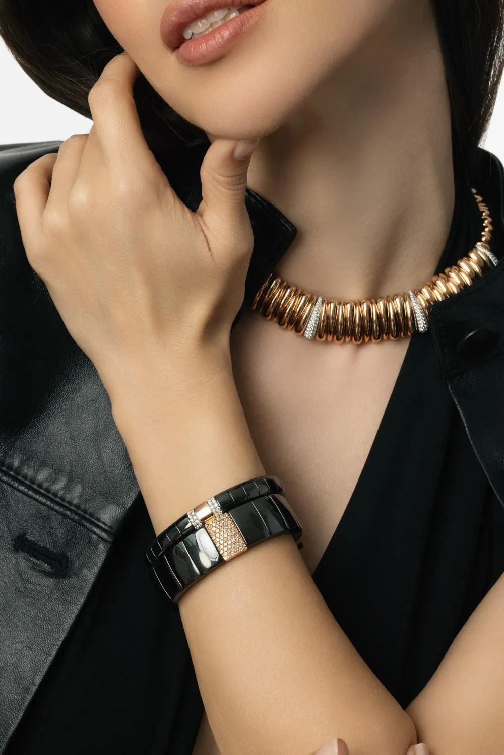 Four Diamond Section Large Black Pura Stretch Bracelet