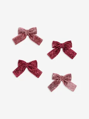 Girls 4 Pack Glitter Bow Hair Clips in Pink