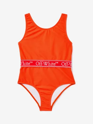 Girls Bookish Logo Band Swimsuit in Orange