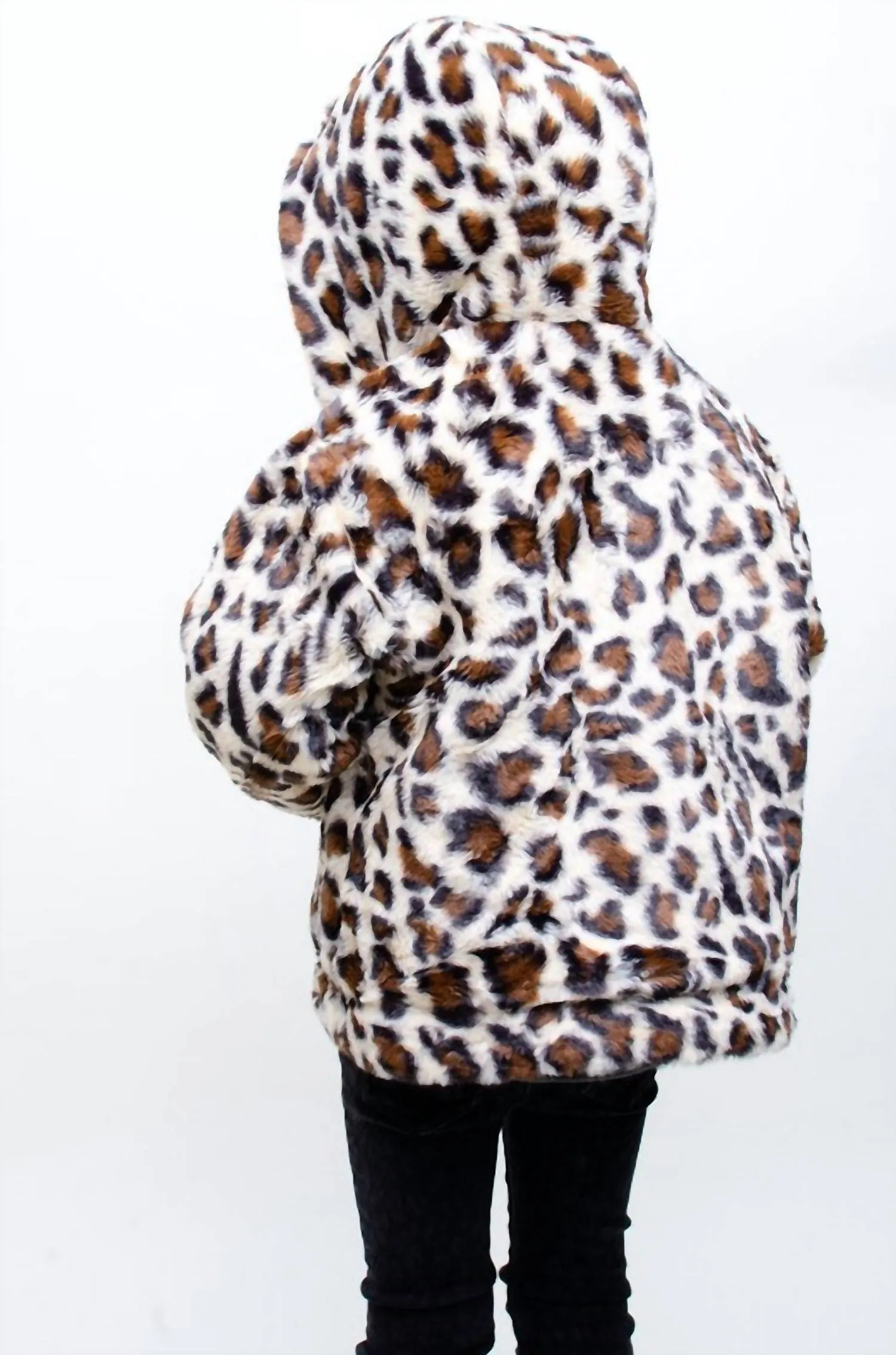 Girl's Reversible Fur Jacket In Denim Leopard