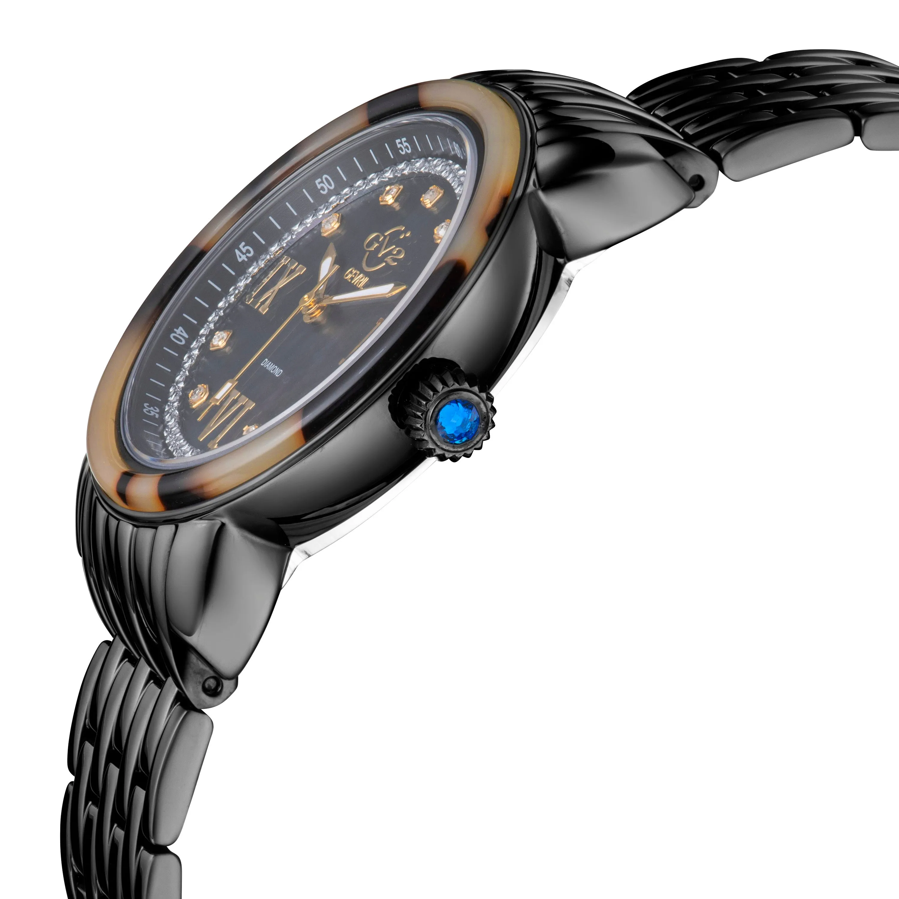 GV2 Women's Marsala Tortoise Black Mother Of Pearl Dial IP Black Bracelet Watch