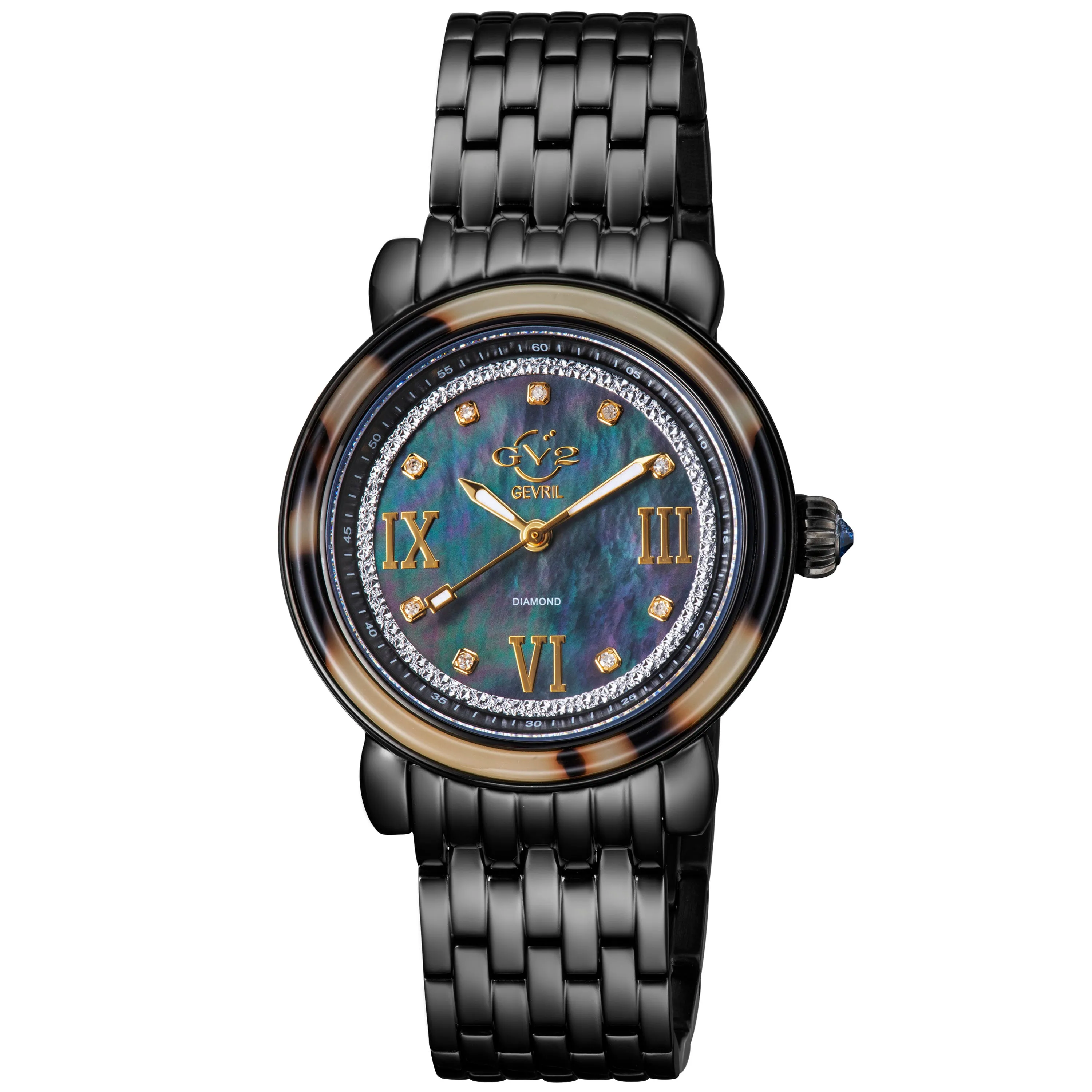 GV2 Women's Marsala Tortoise Black Mother Of Pearl Dial IP Black Bracelet Watch