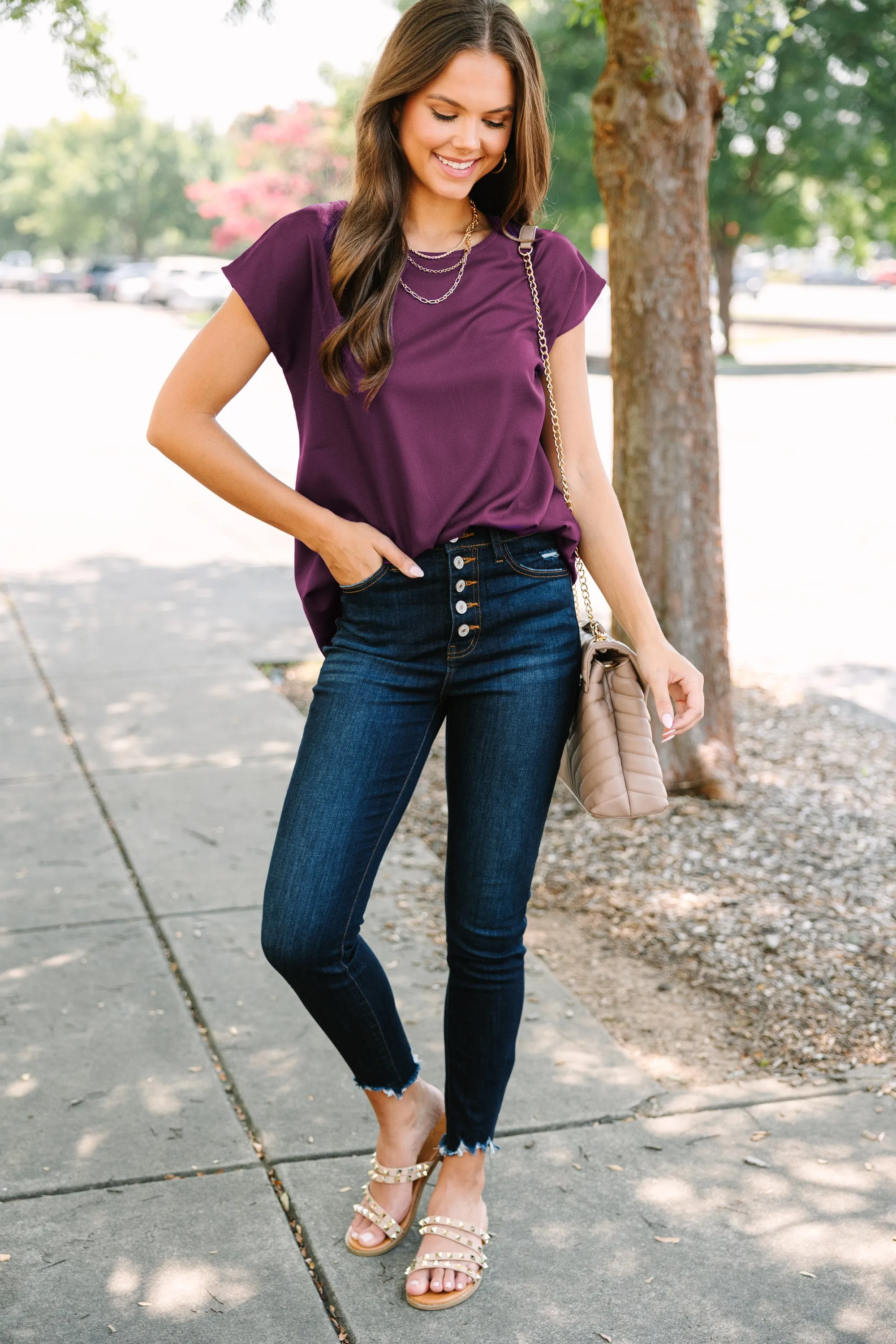 Hello Beautiful Plum Purple Cap Sleeve Top