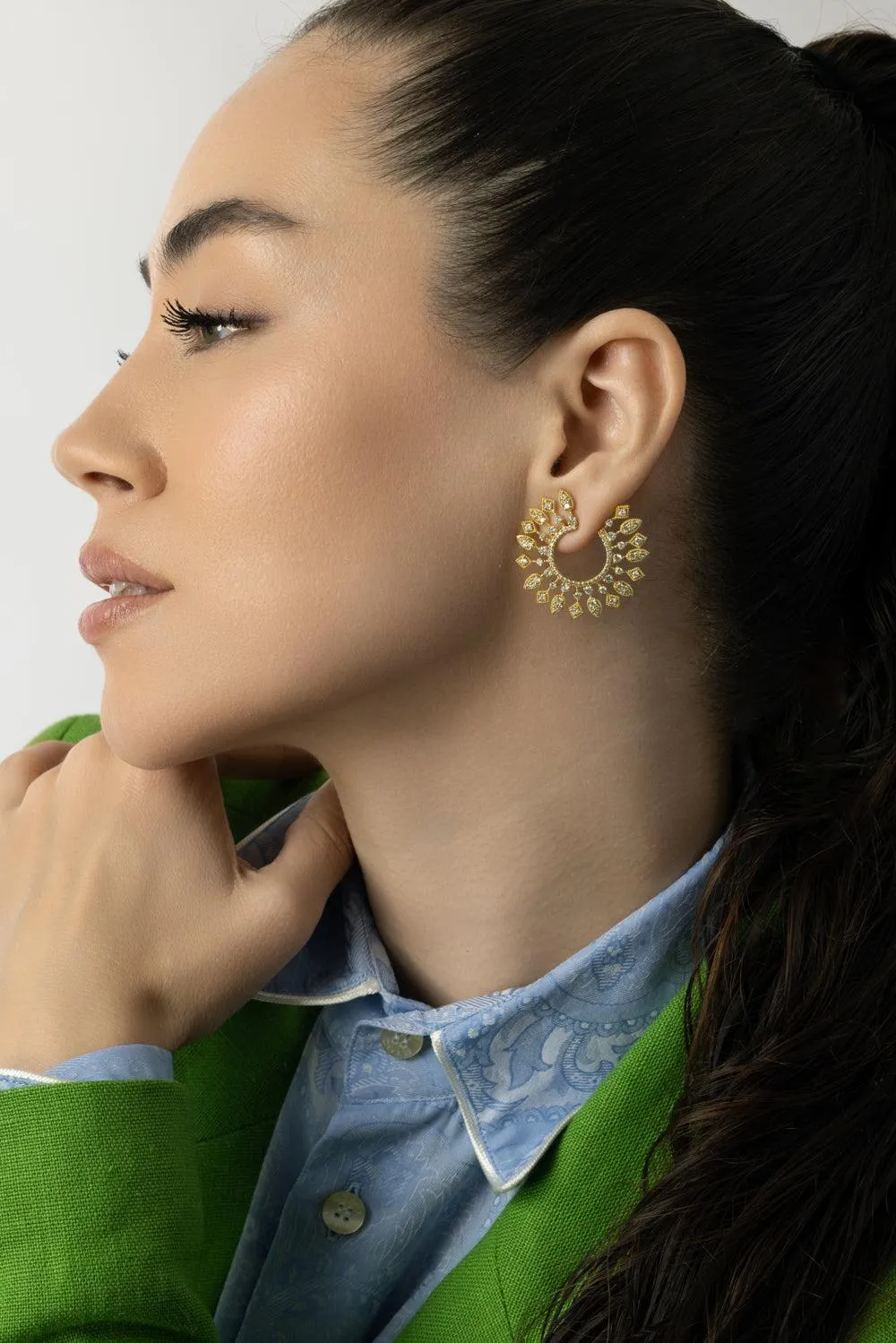 Large Sunburst Celestial Diamond Bypass Hoop Earrings