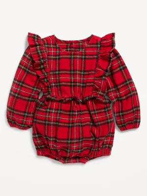 Long-Sleeve Ruffle-Trim Plaid One-Piece Romper For Baby