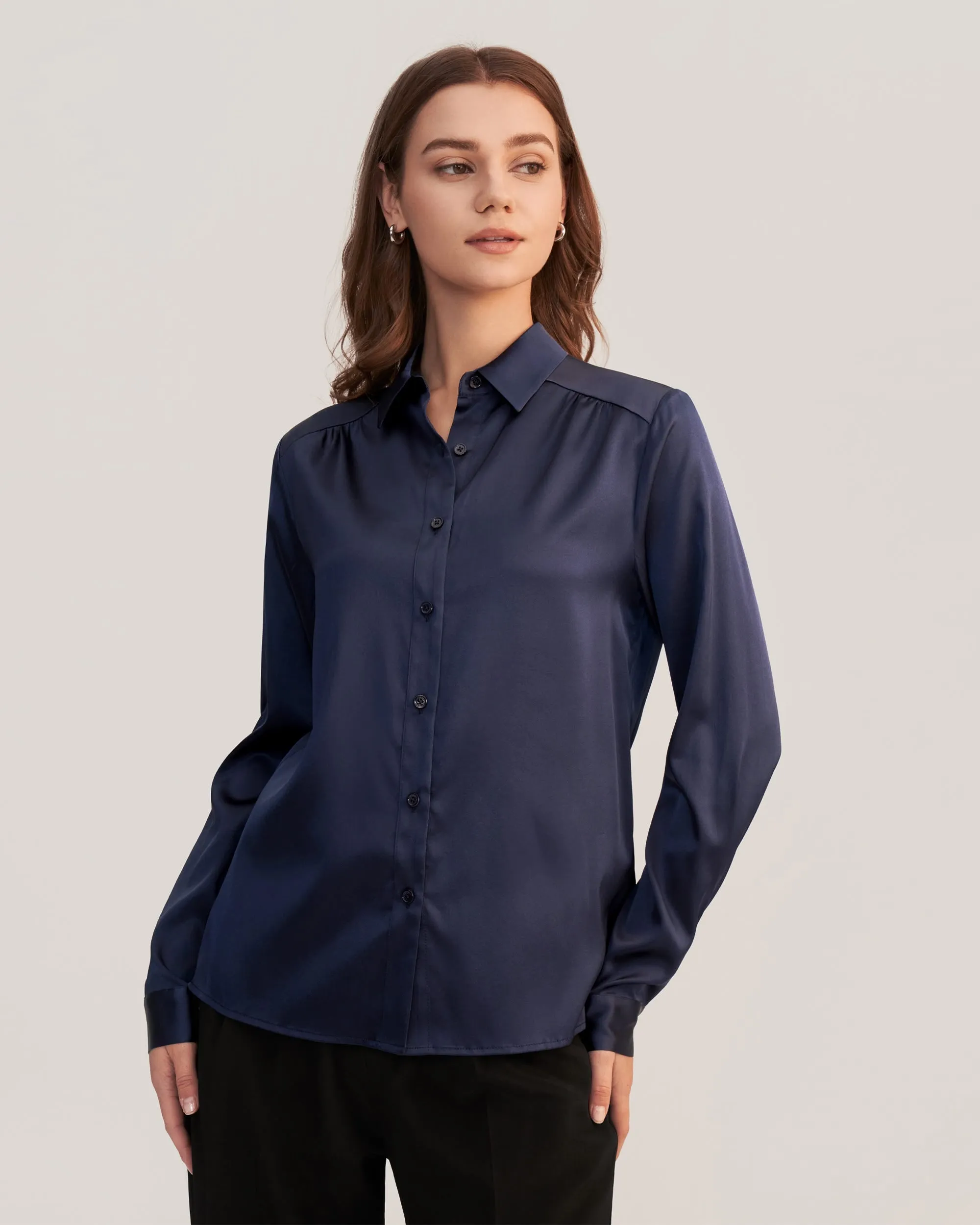 Long Sleeves Collared  Silk Blouse