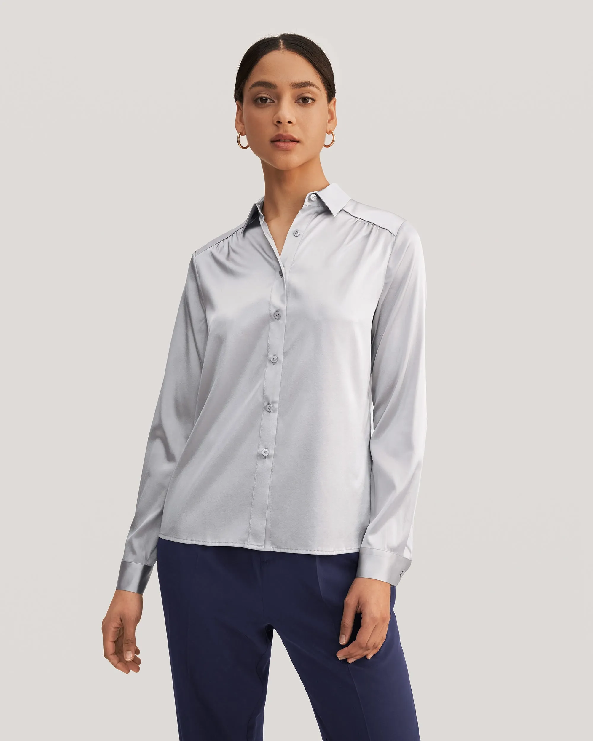 Long Sleeves Collared  Silk Blouse