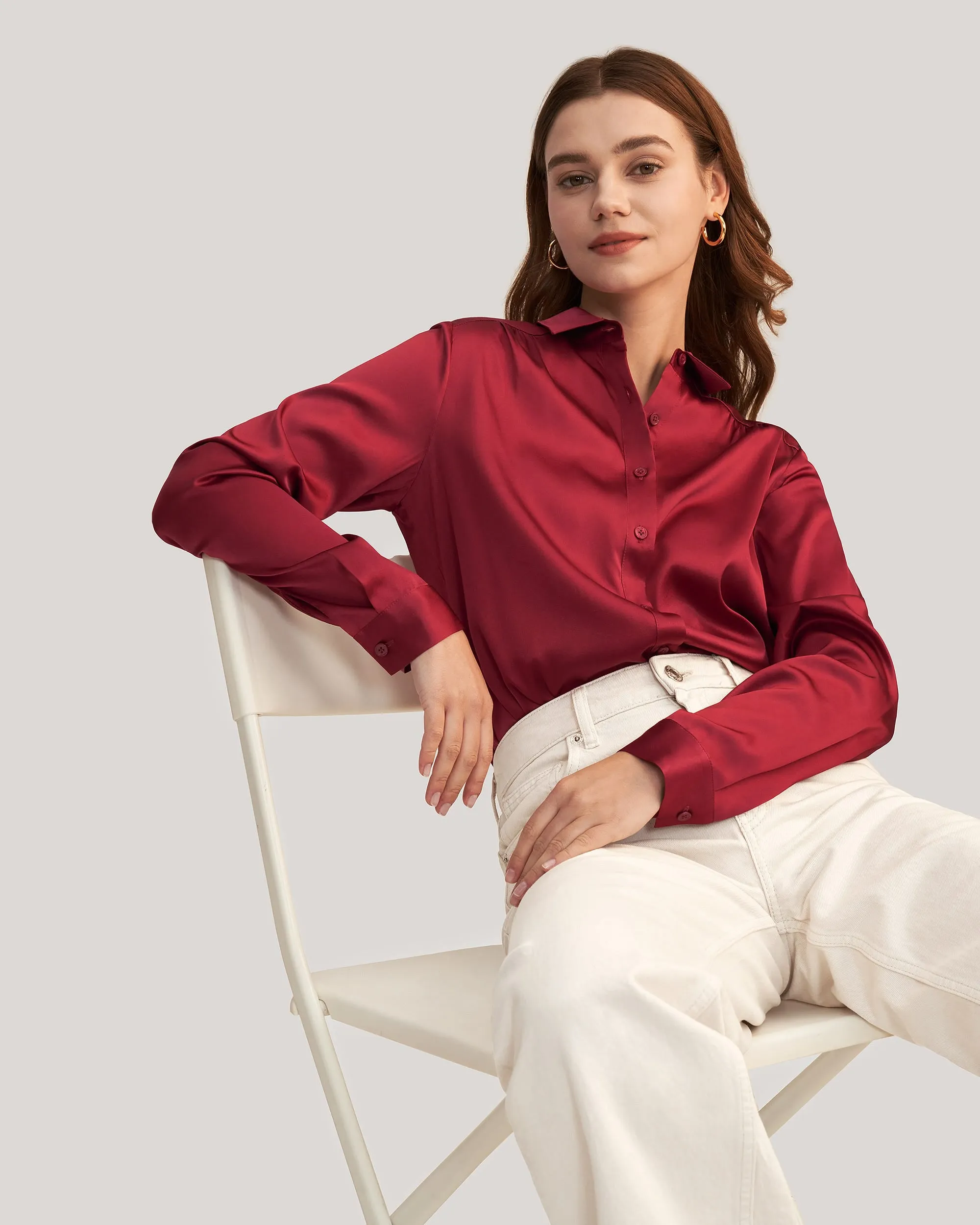 Long Sleeves Collared  Silk Blouse