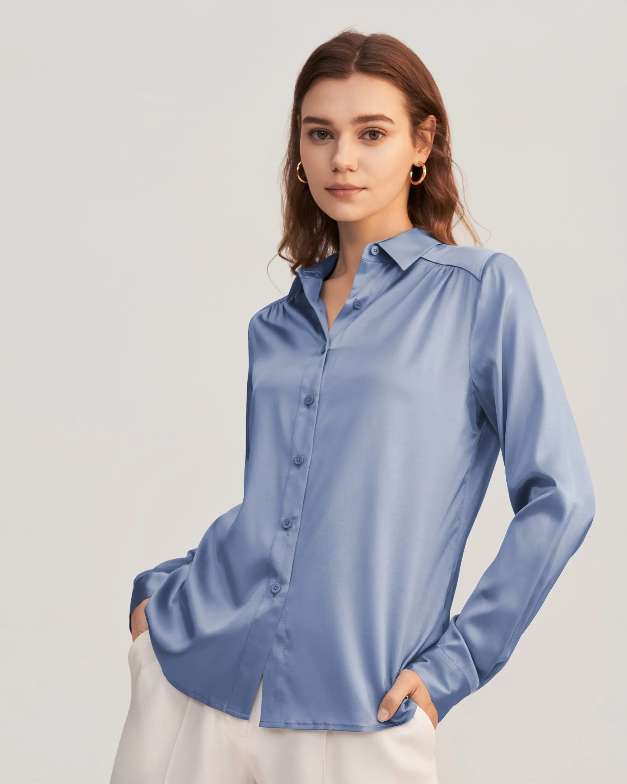 Long Sleeves Collared  Silk Blouse