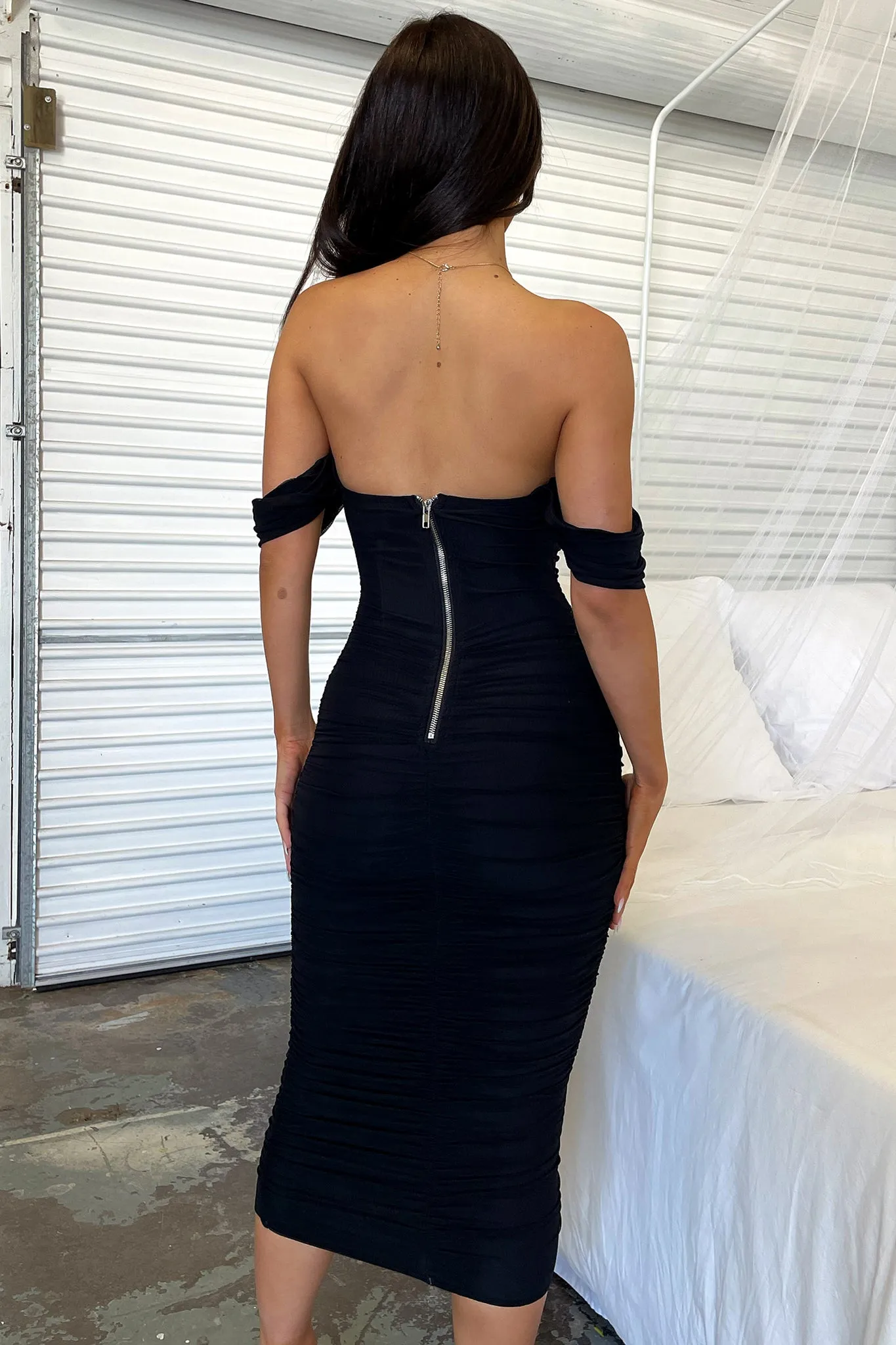 Lucinda Off Shoulder Mesh Midi Dress - Black