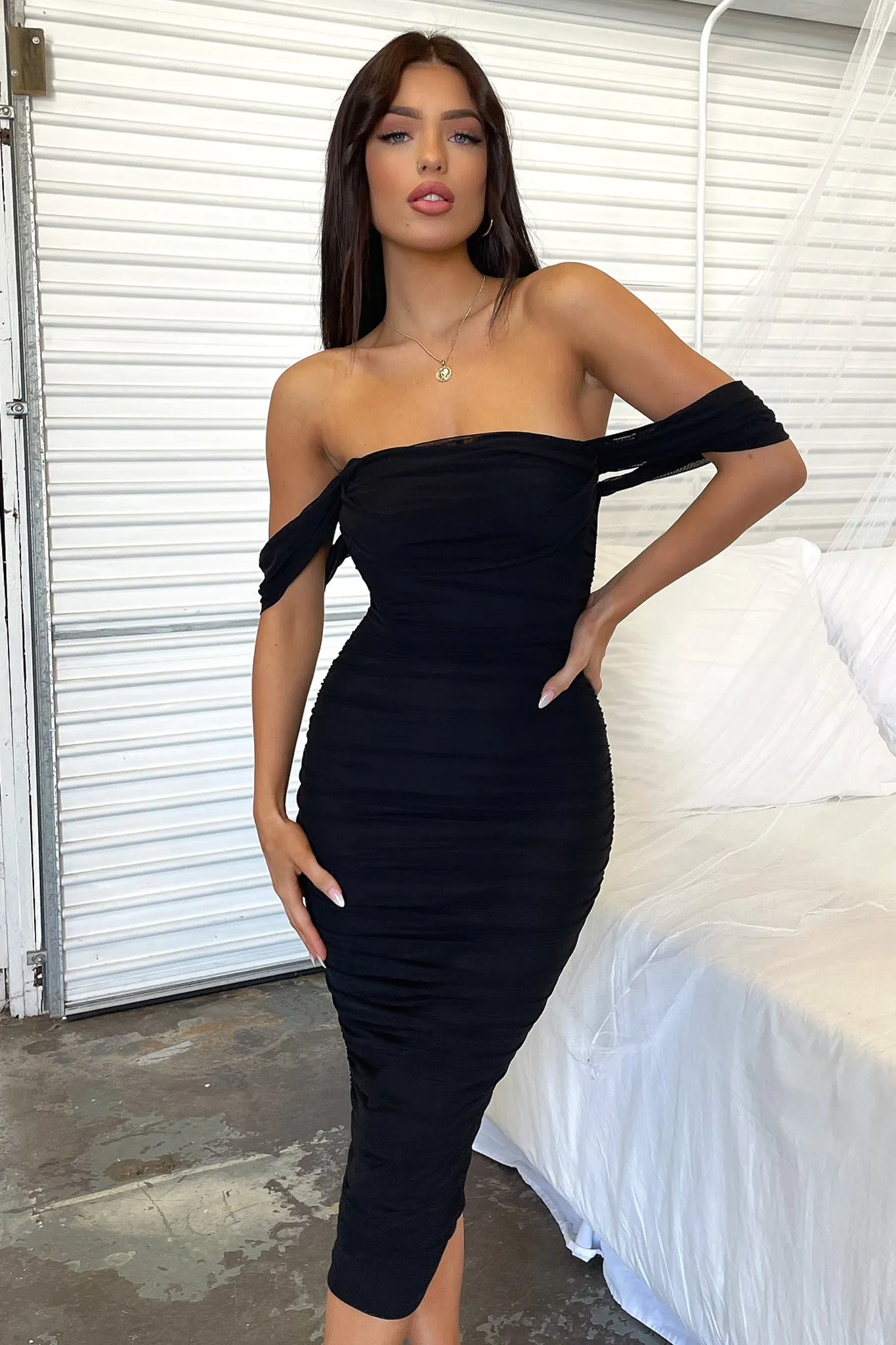 Lucinda Off Shoulder Mesh Midi Dress - Black