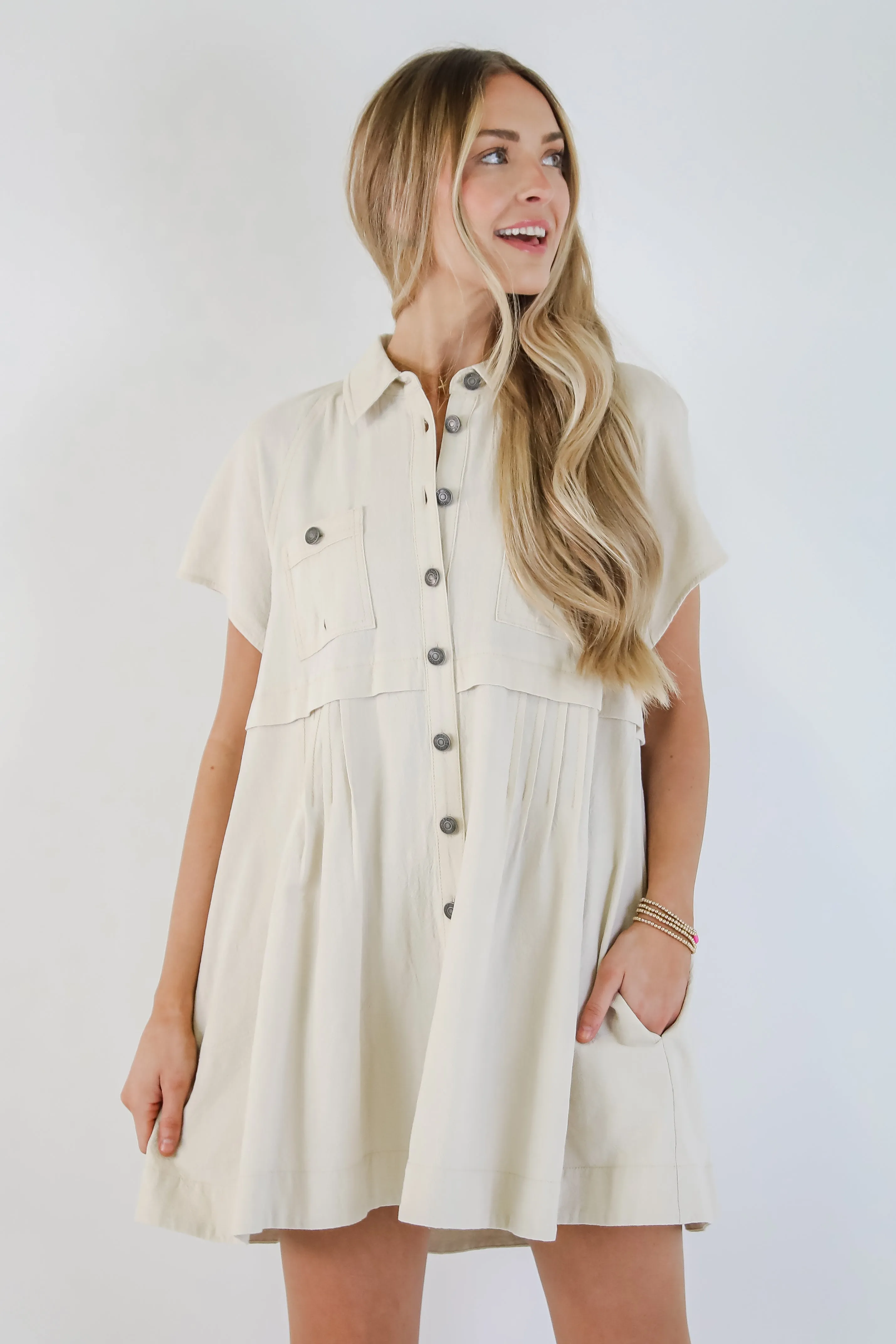 Lucky To Be Me Beige Babydoll Mini Dress